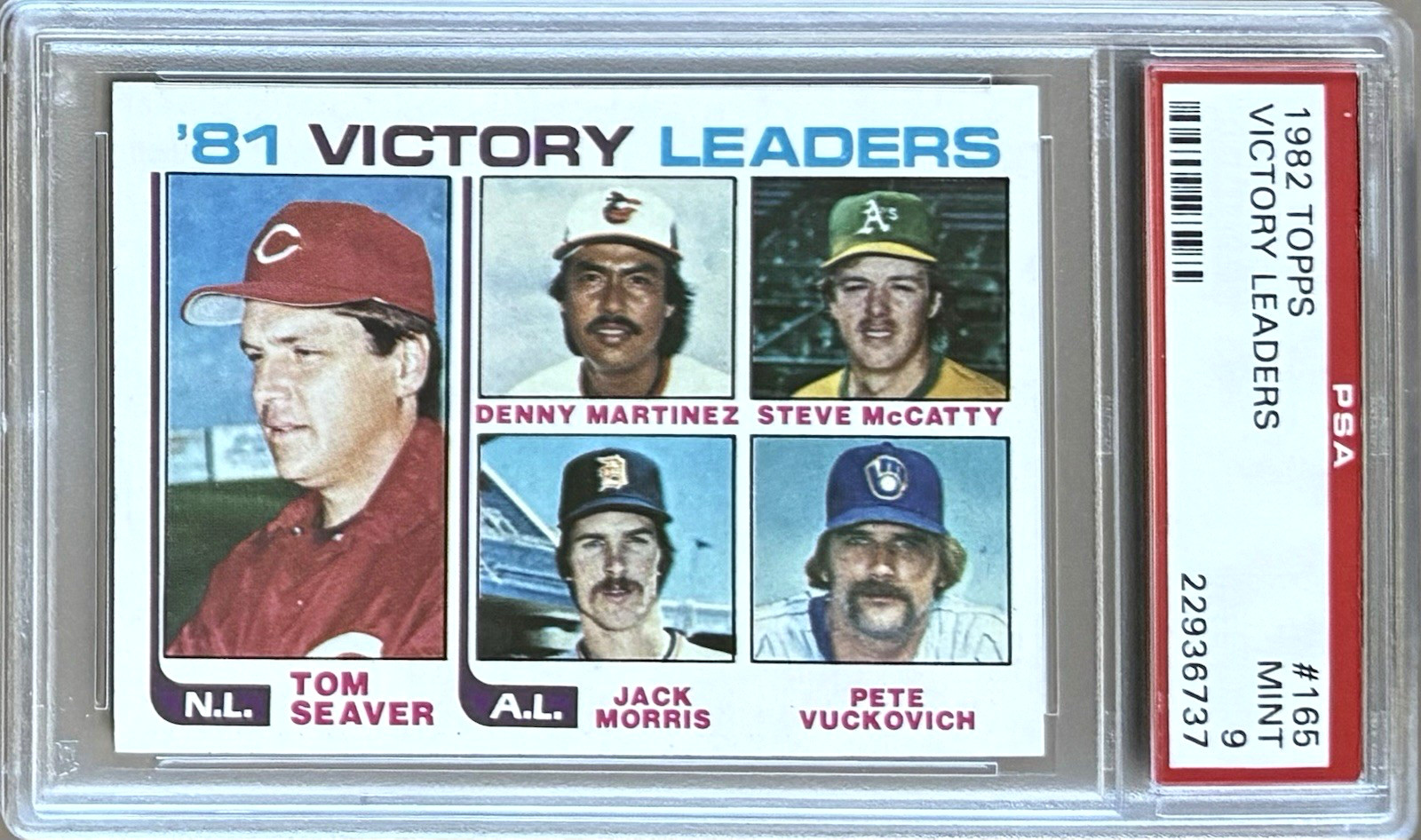1982 TOPPS #165 TOM SEAVER/JACK MORRIS/D. MARTINEZ PSA 9 MINT VICTORY LEADERS