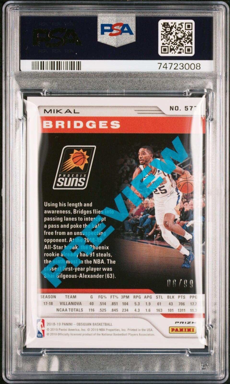 2018 Panini Obsidian Preview #577 Mikal Bridges Blue /99 PSA 10 Knicks