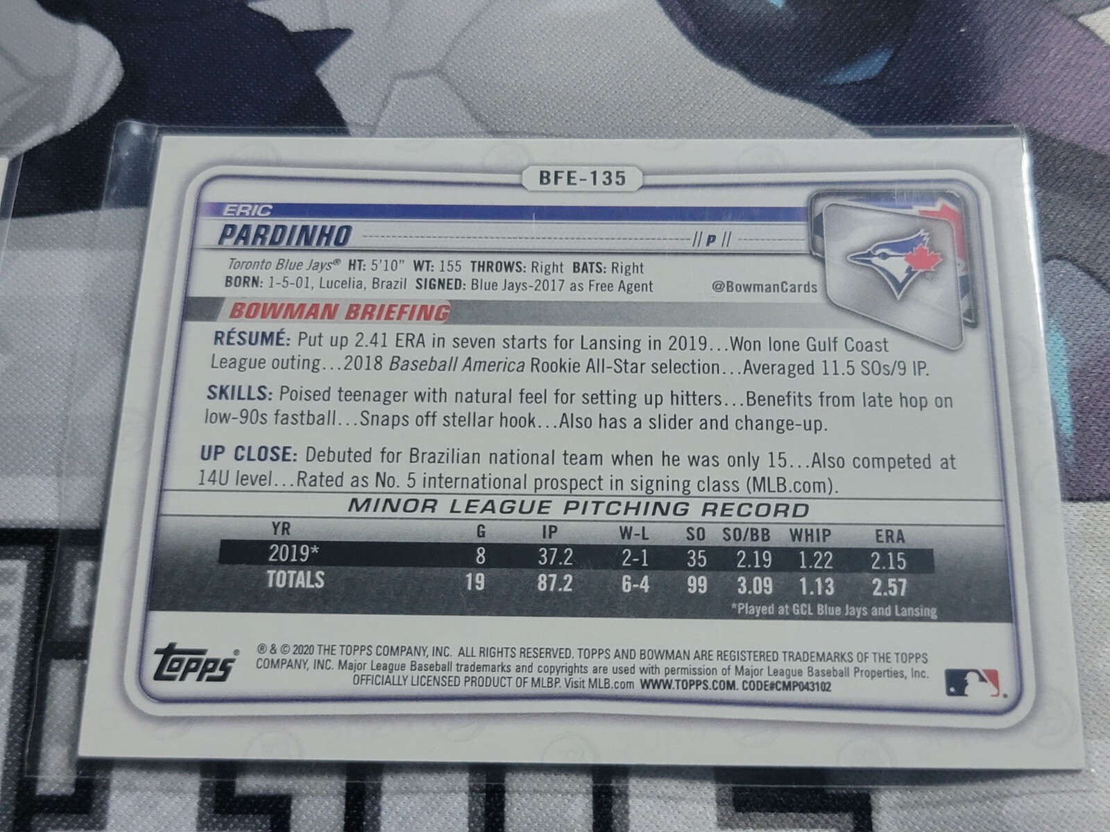 ERIC PARDINHO 2020 Bowman 1st Edition #’d Rookie Insert 141/150. JAYS