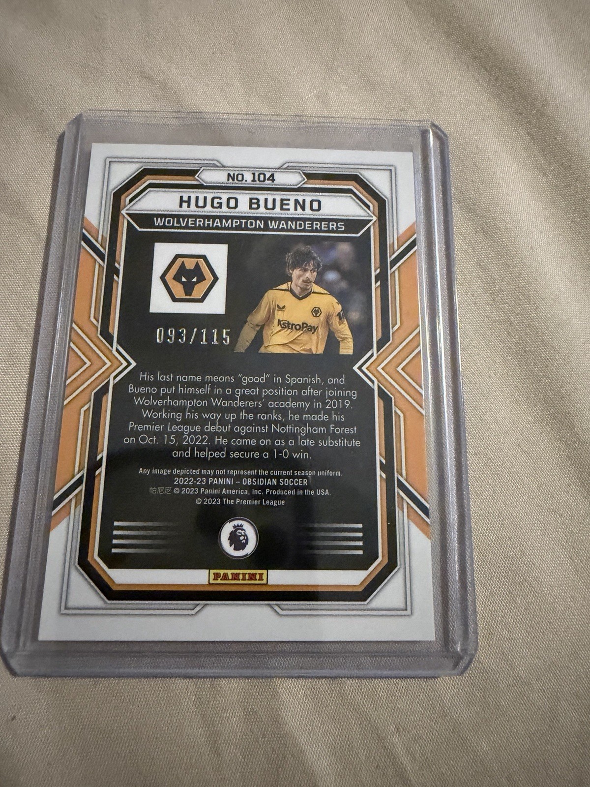 Panini Obsidian 2022-23 Hugo Bueno Rookie #104 Base Serial Numbered 093/115
