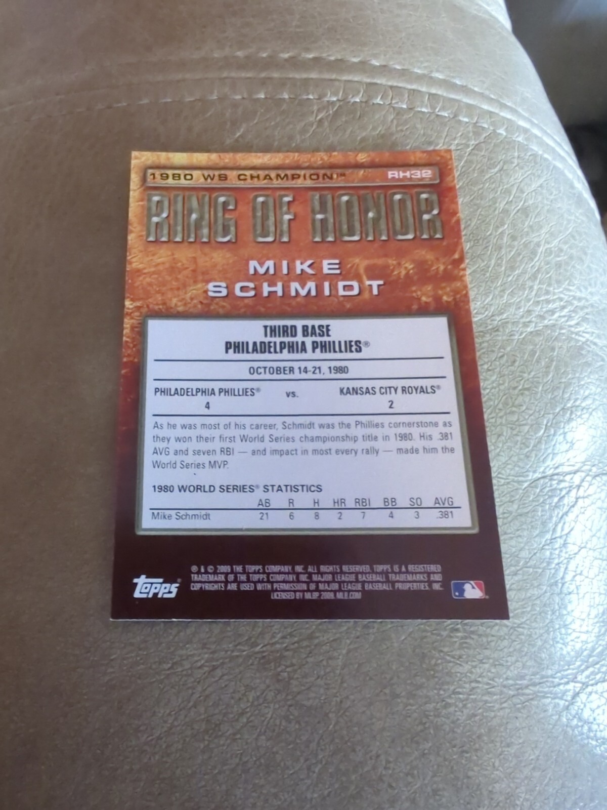 2009 Topps Baseball Ring of Honor Mike Schmidt #RH32 Phillies 1980 Champs Insert