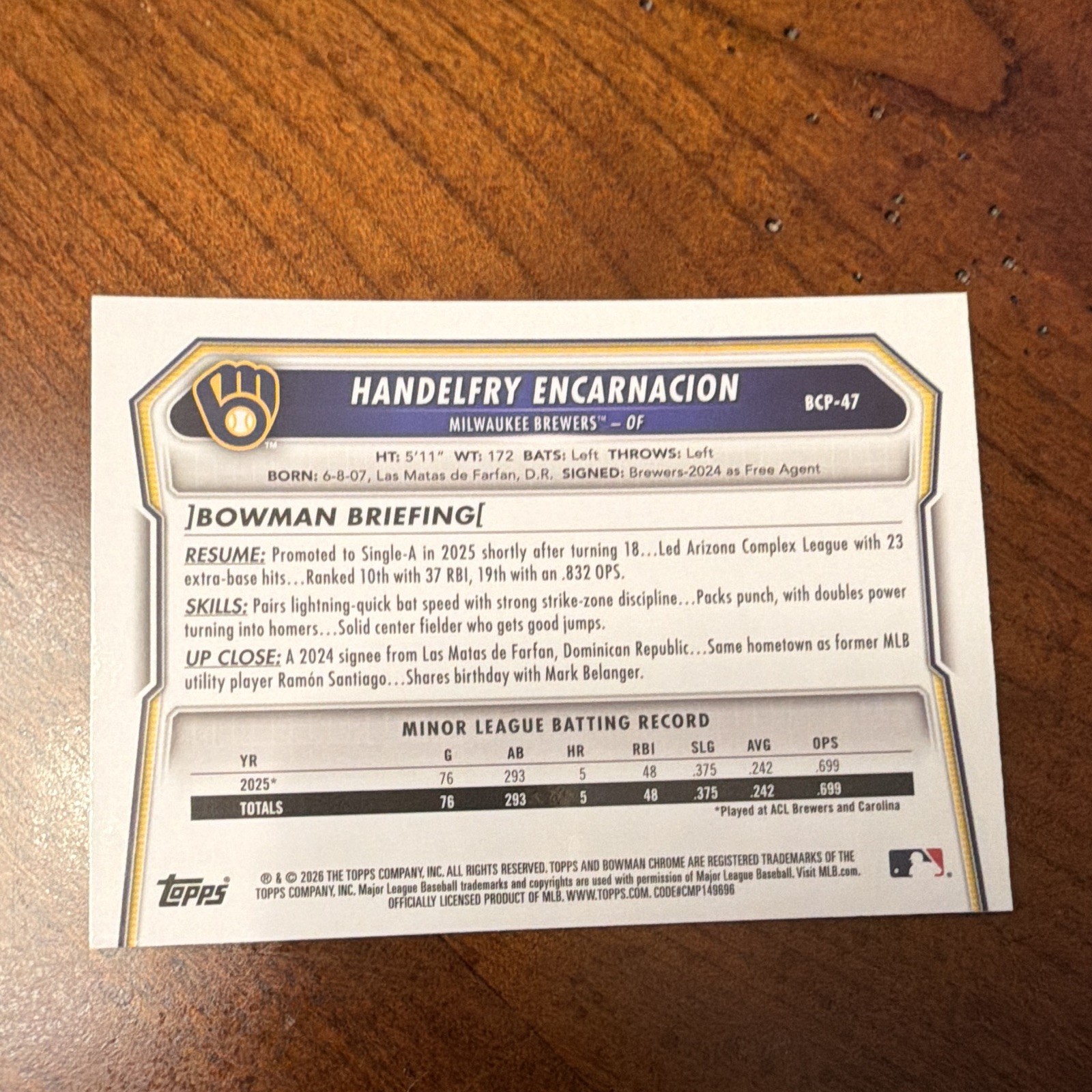 Topps 2026 Bowman Mojo Refractor #BCP-47 Handelfry Encarnacion Brewers