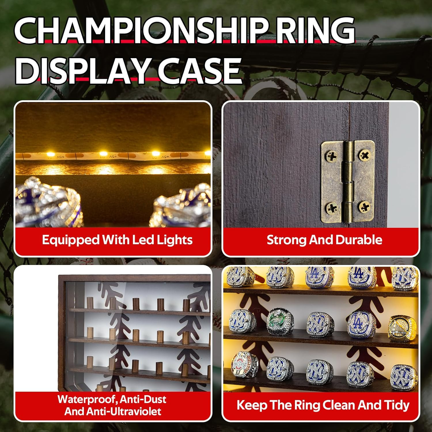 Championship Ring Display Case Display 25Pcs Rings,Baseball Ring Display Case wi