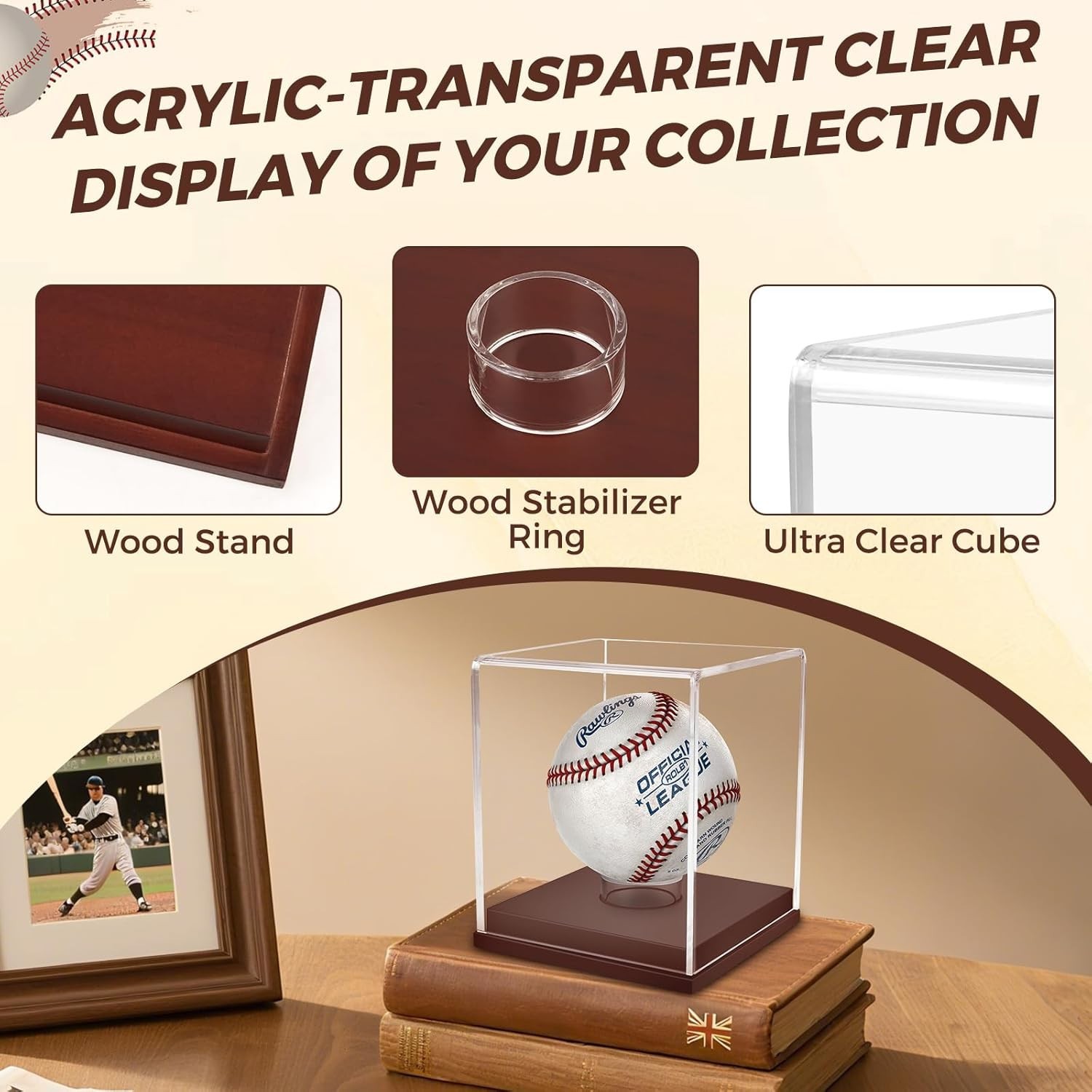 Clear Acrylic Baseball Display Case with Brown Wooden Base – Ideal Gift for Fans
