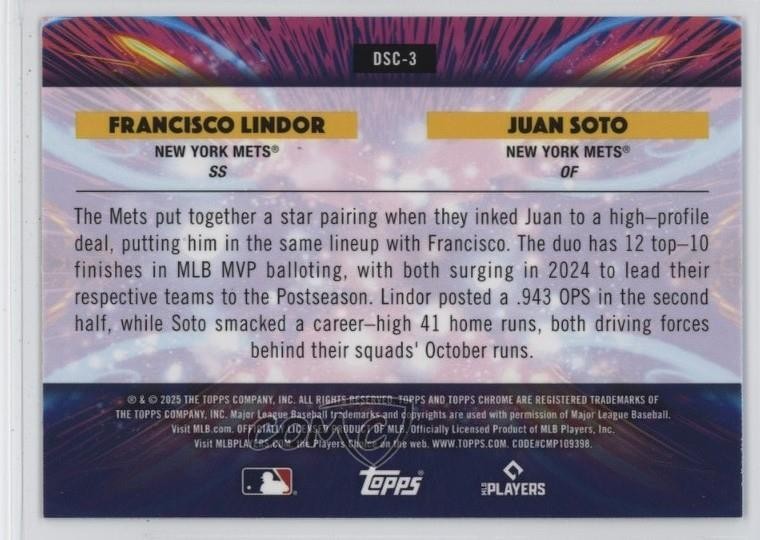 2025 Topps Cosmic Chrome Star Clusters Juan Soto Francisco Lindor #DSC-3 1b6v