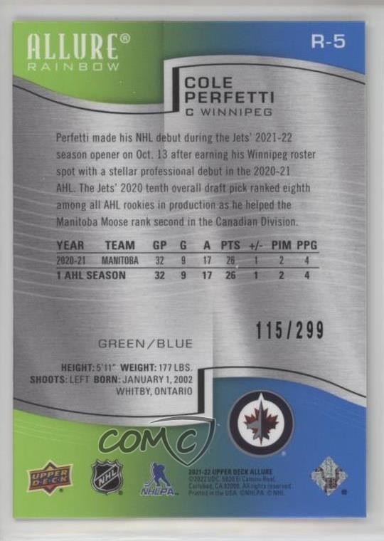 2021-22 Upper Deck Allure Rainbow Green Blue 115/299 Cole Perfetti #R-5 14sr