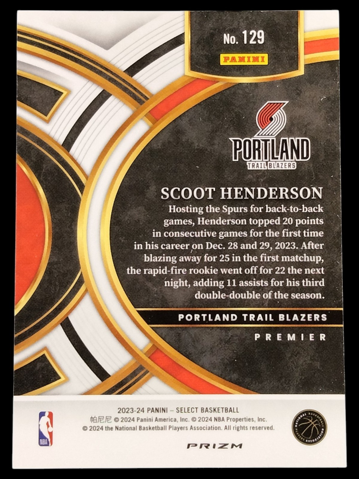 2023-24 Panini Select – Premier Level Scoot Henderson #129 Orange Tectonic Prizm
