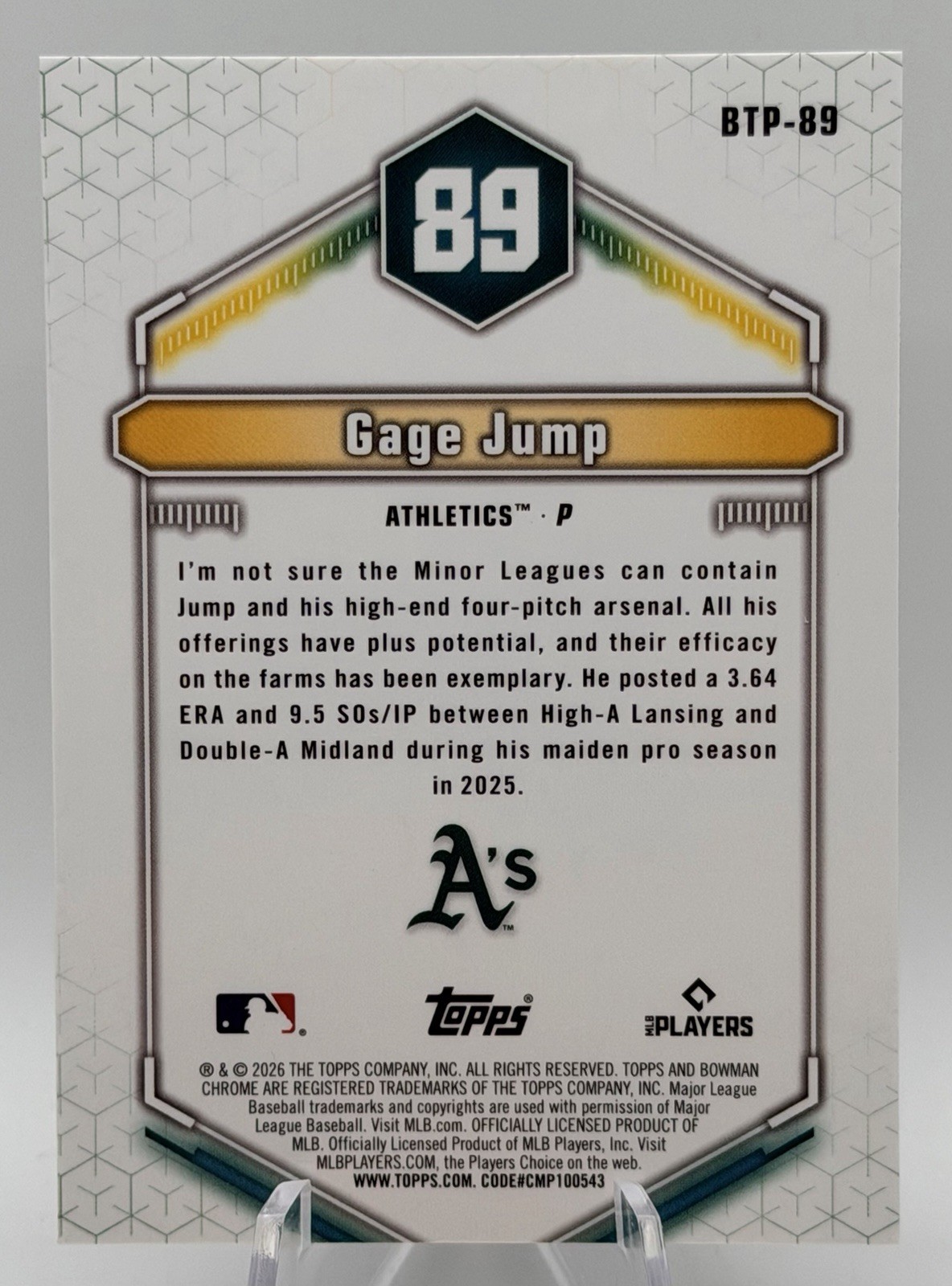 2026 Bowman GAGE JUMP Top 100 Insert #BTP-89 Bowman Prospect #89 Athletics