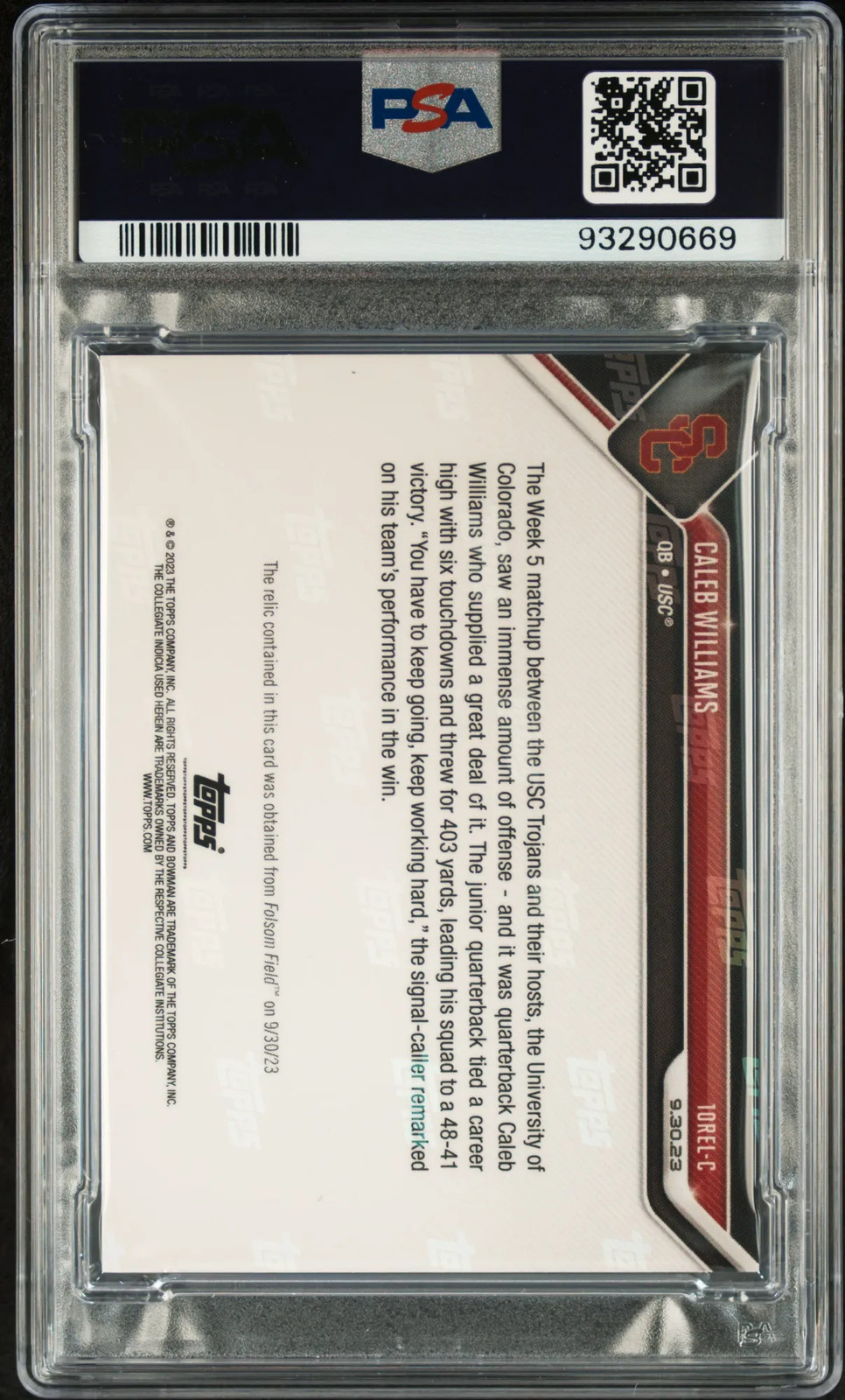 2023 Bowman U Now Relics Caleb Williams Blue #10RELC PSA 9