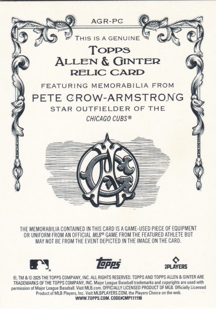 PETE CROW-ARMSTRONG CHICAGO CUBS ALLEN & GINTER GAME MEMORABILIA WITH STRIPE