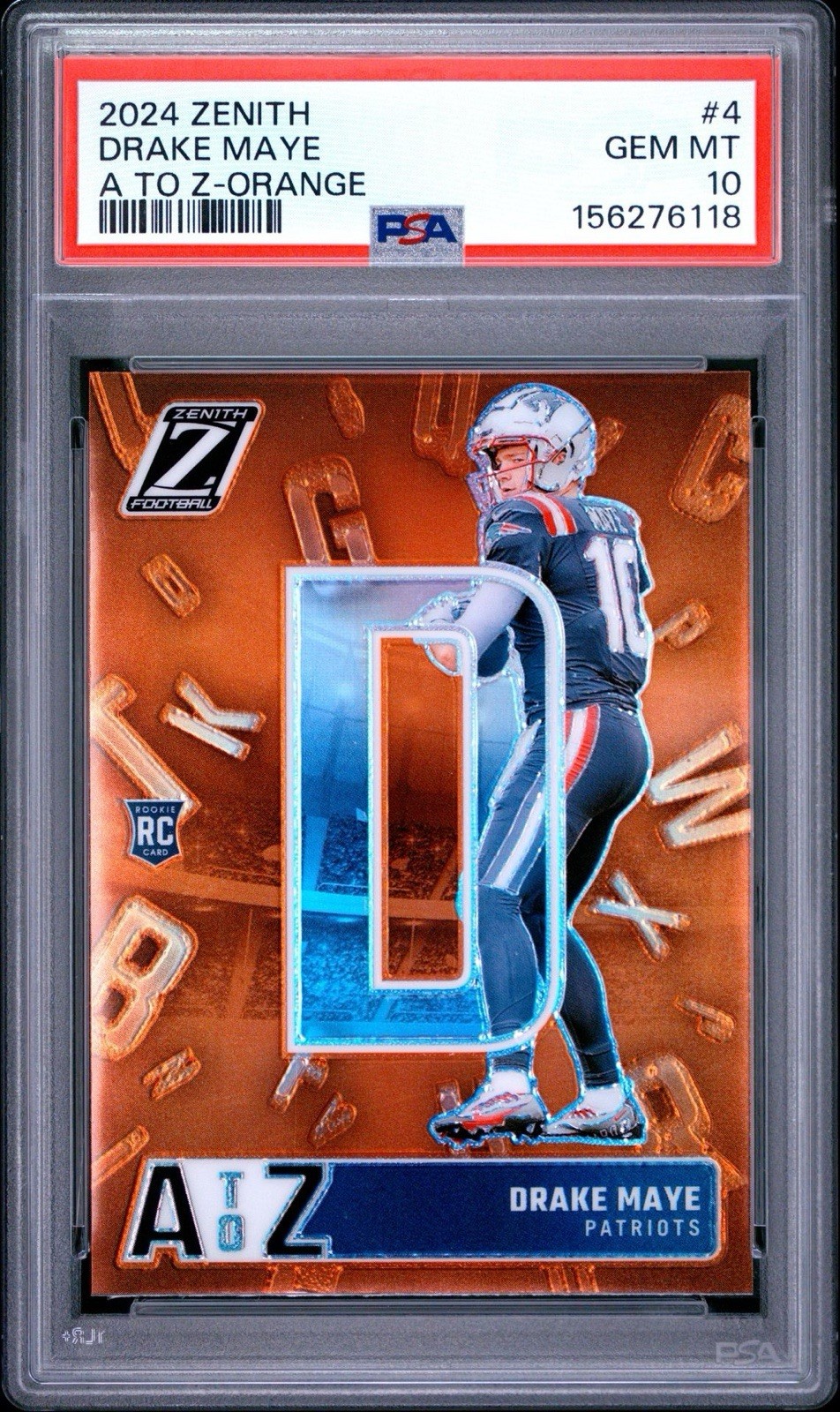 2024 Panini Zenith – A to Z Drake Maye #4 Orange RC PSA 10 New England Patriots