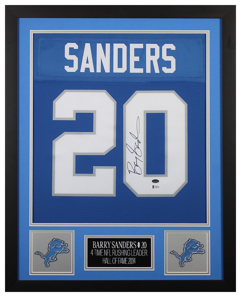 Barry Sanders Autographed & Framed Blue Lions Jersey Auto Beckett COA
