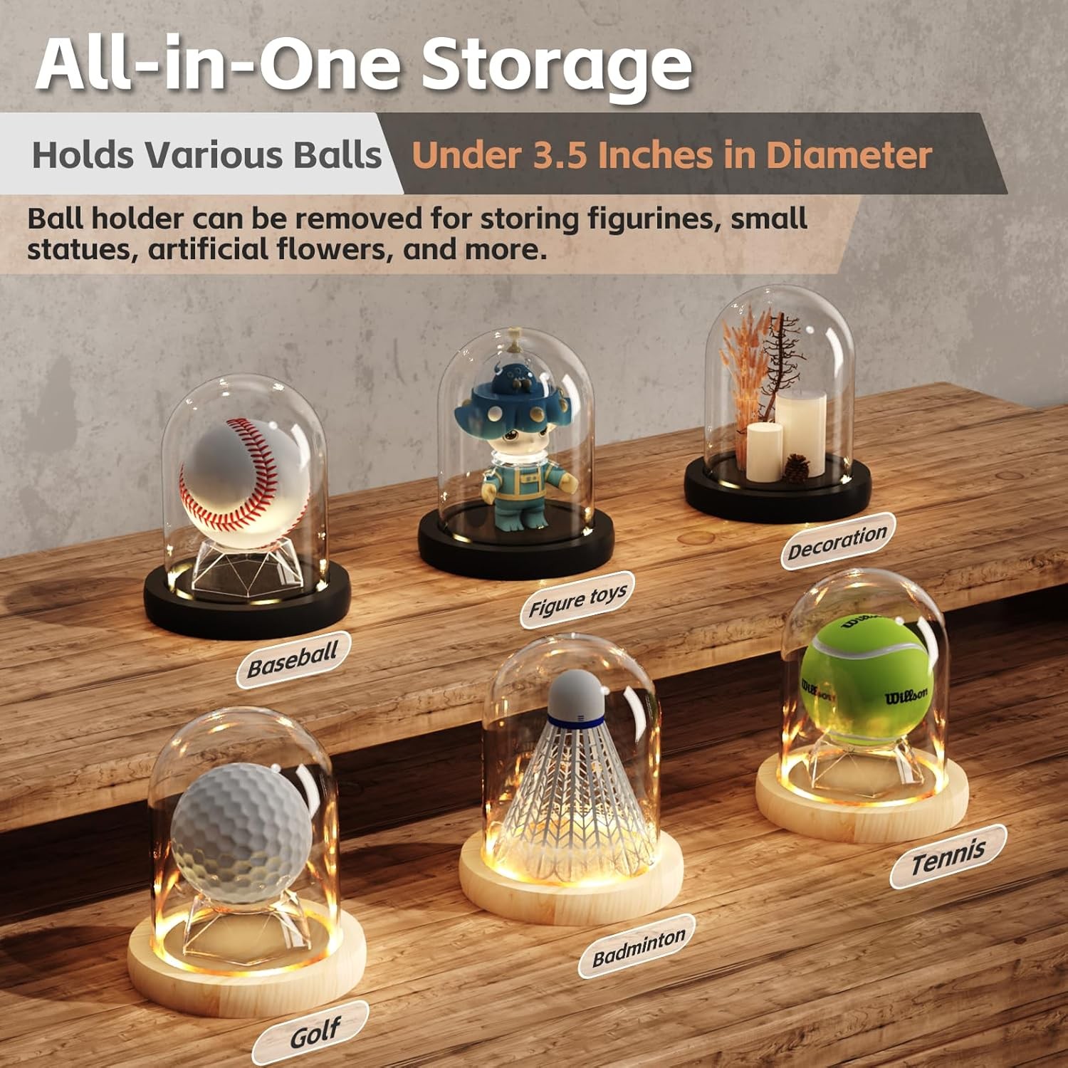 Baseball Display Case with LED Light Base and Glass Dome Cloche