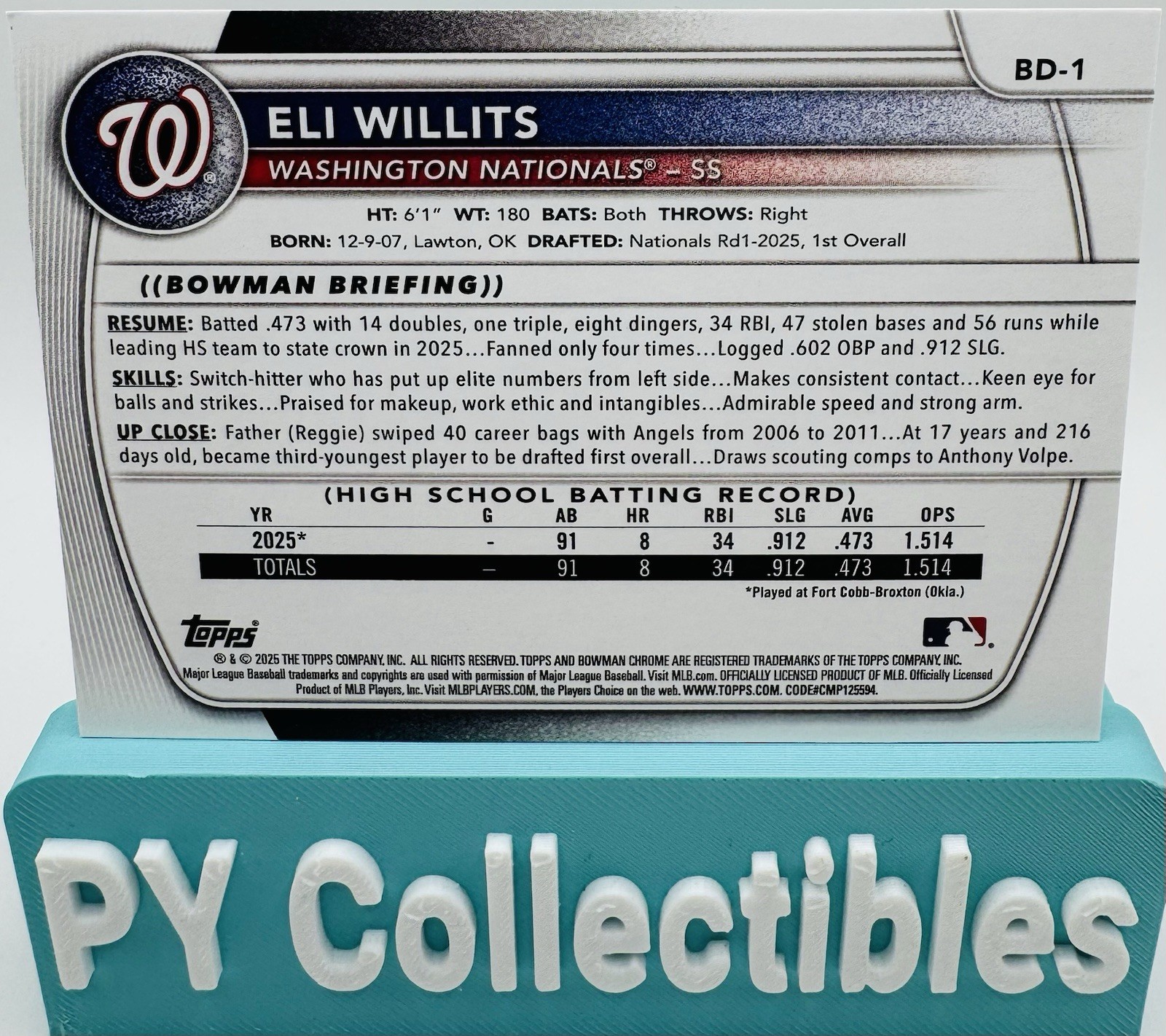 Eli Willits 2025 Bowman Draft 1st Bowman #BD-1 Washington Nationals