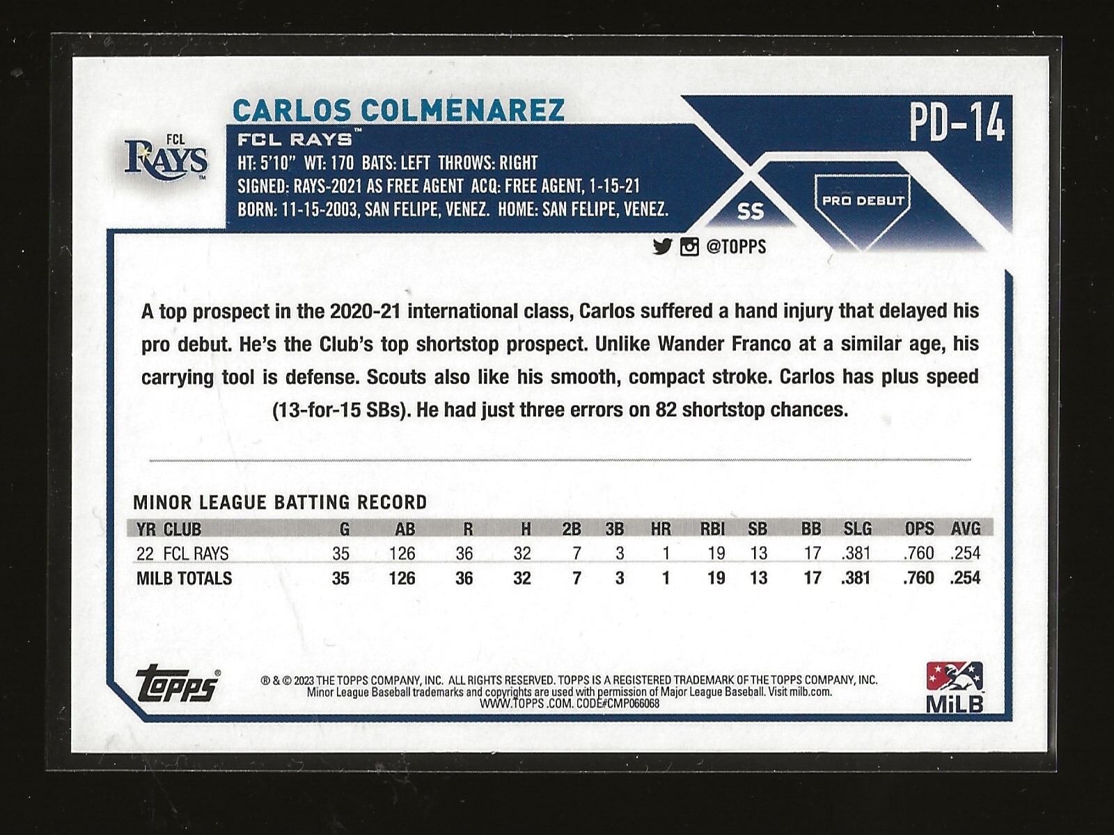 2023 Topps Pro Debut Carlos Colmenarez Base Card FCL Rays (#PD-14)