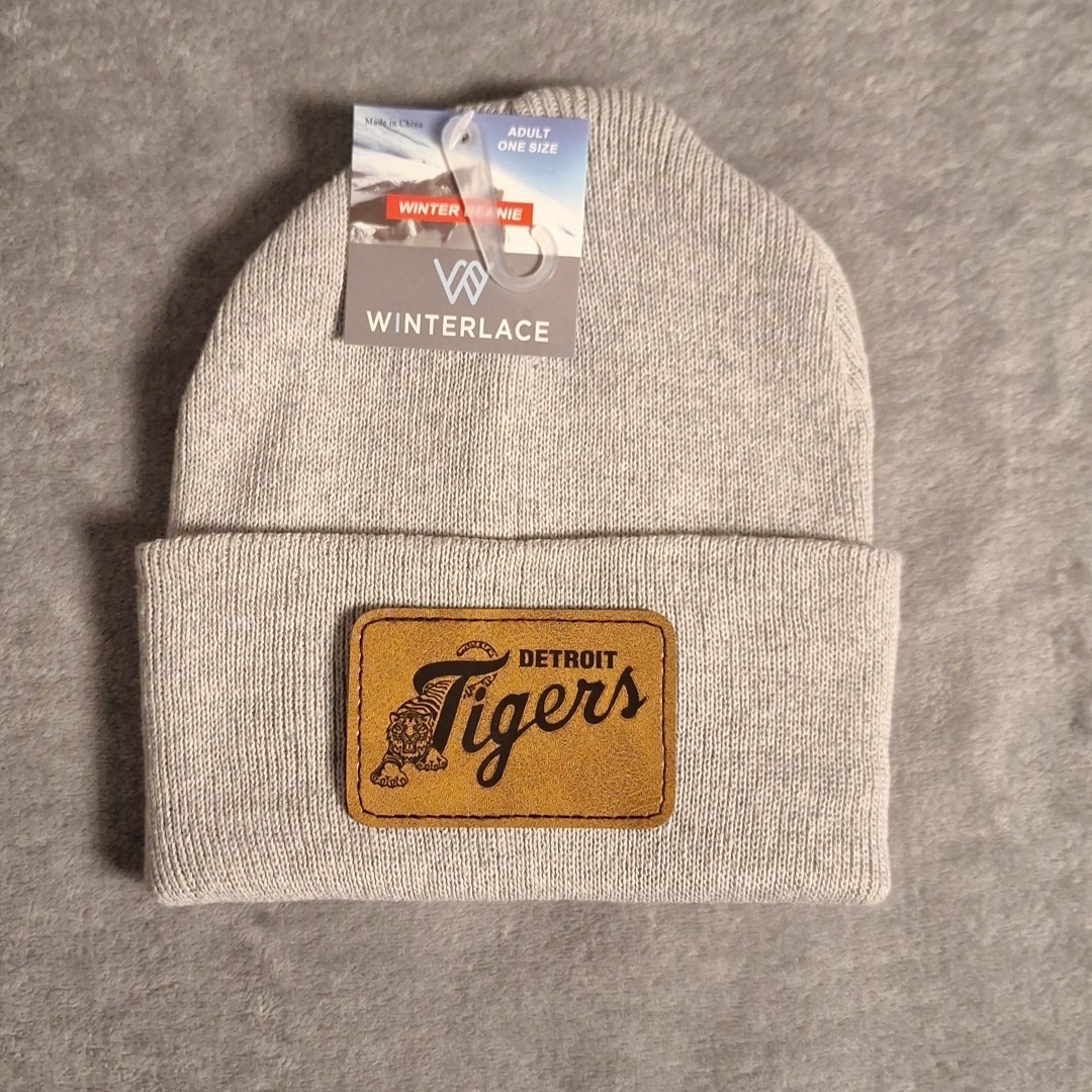 Detroit Tigers Leather Rectangle Patch Gray Beanie Cap MLB