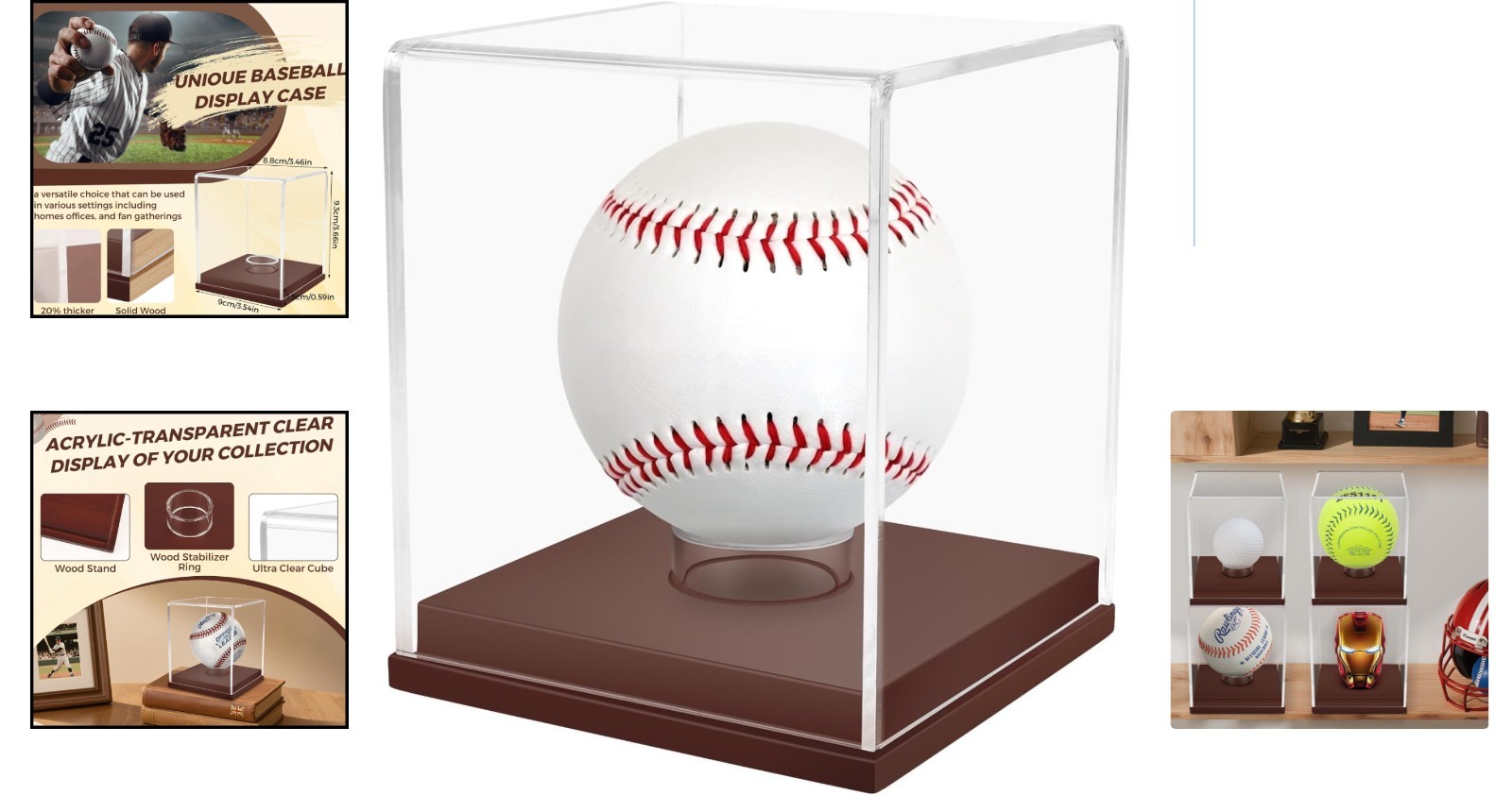 Clear Acrylic Baseball Display Case with Brown Wooden Base – Ideal Gift for Fans