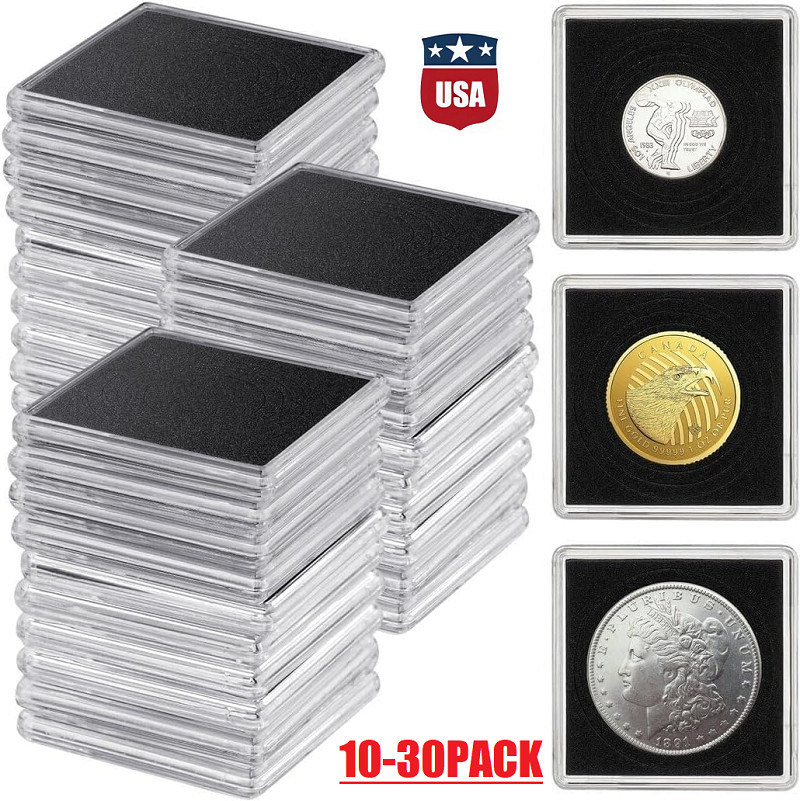 30Pcs Adjustable Acrylic Coin Collection Cases with Sponges Coin Snap Holder USA