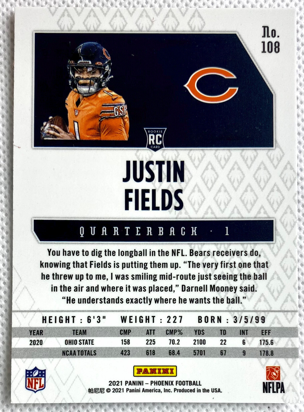 2021 Panini Phoenix Justin Fields Rookie Fire Burst Card RC #108 Chicago Bears