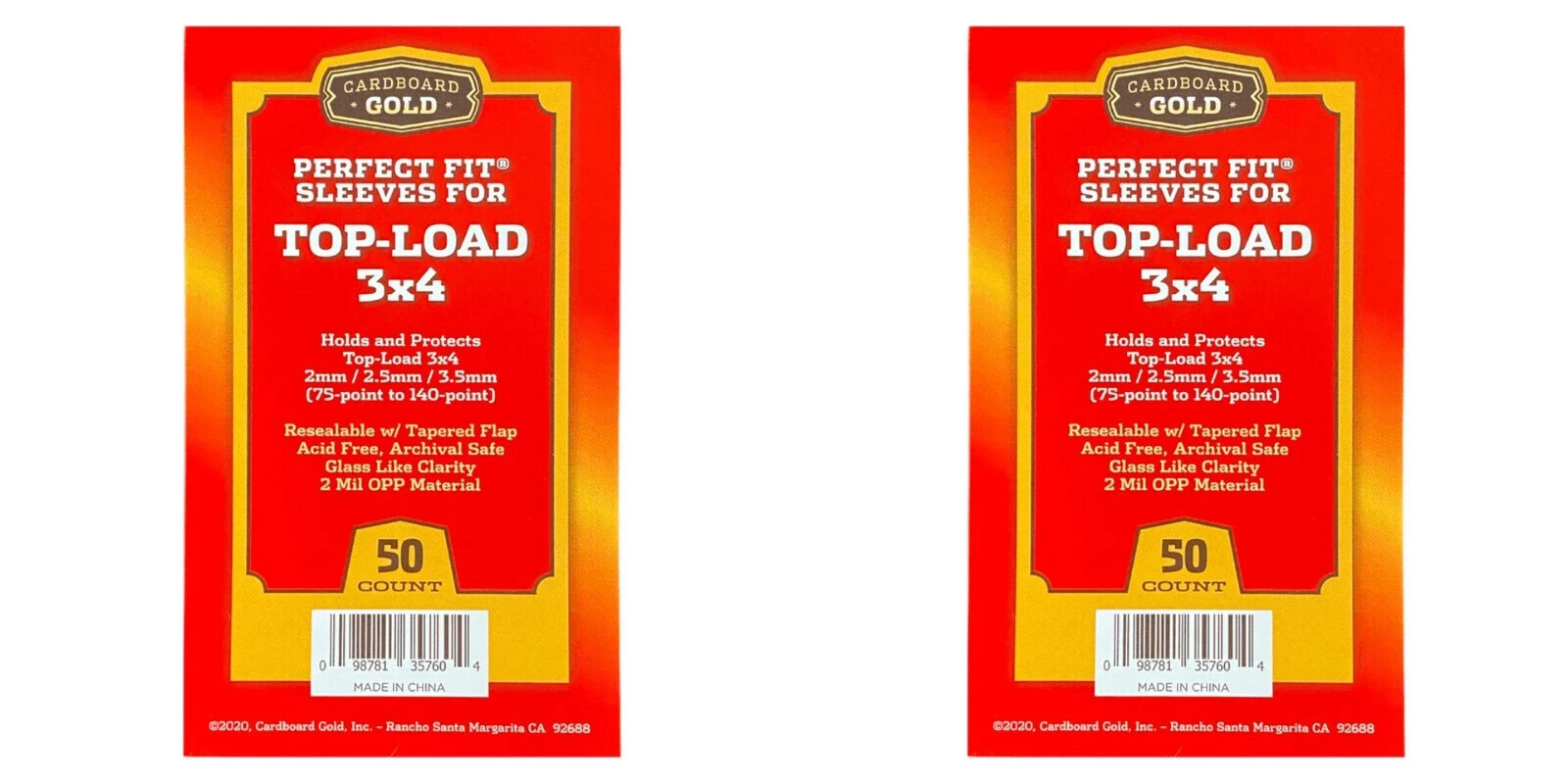 Cardboard Gold Top-Load Sleeves 3×4 THICK 75-140 Point – 100 COUNT -2 x 50 Packs