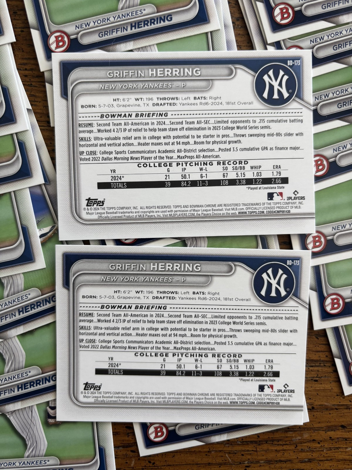 30x 2024 Bowman Draft Griffin Herring 1st Bowman Prospects Lot BD-173 Yankees