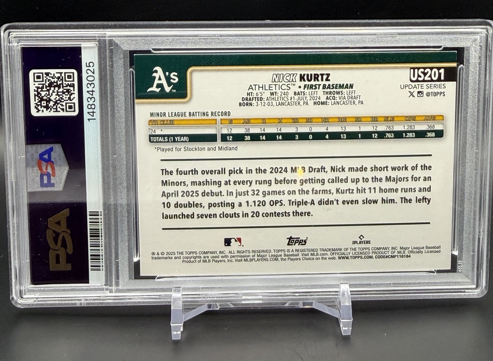 2025 Topps Update Nick Kurtz Sandglitter #US201 (RC) Athletics PSA 9 Mint