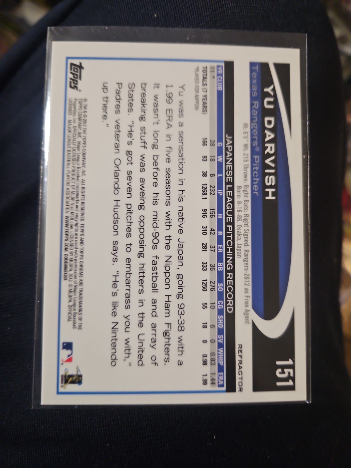 2012 Topps Chrome – Yu Darvish #151 Refractor (RC)