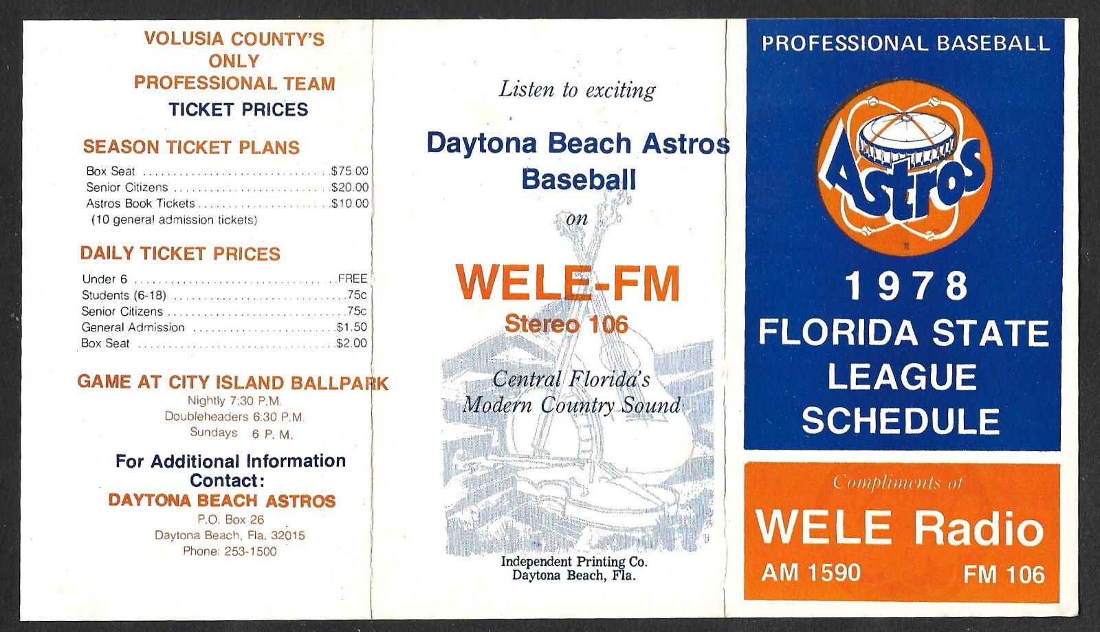 1978 DAYTONA BEACH ASTROS WELE FM Radio Regular Season POCKET SCHEDULE EX-MT