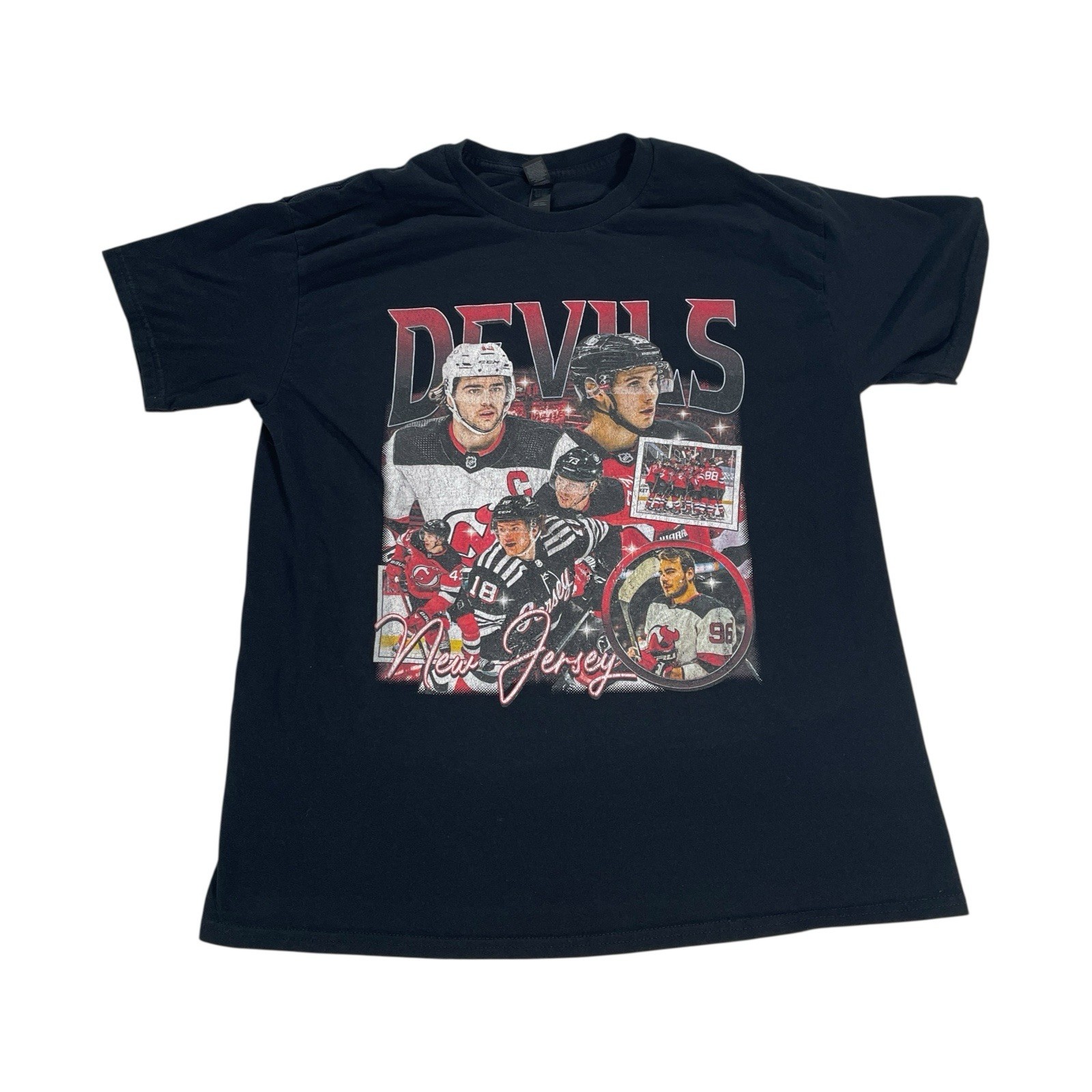 New Jersey Devils Graphic Players T-Shirt Men’s Large GILDAN Tag Black NHL Retro