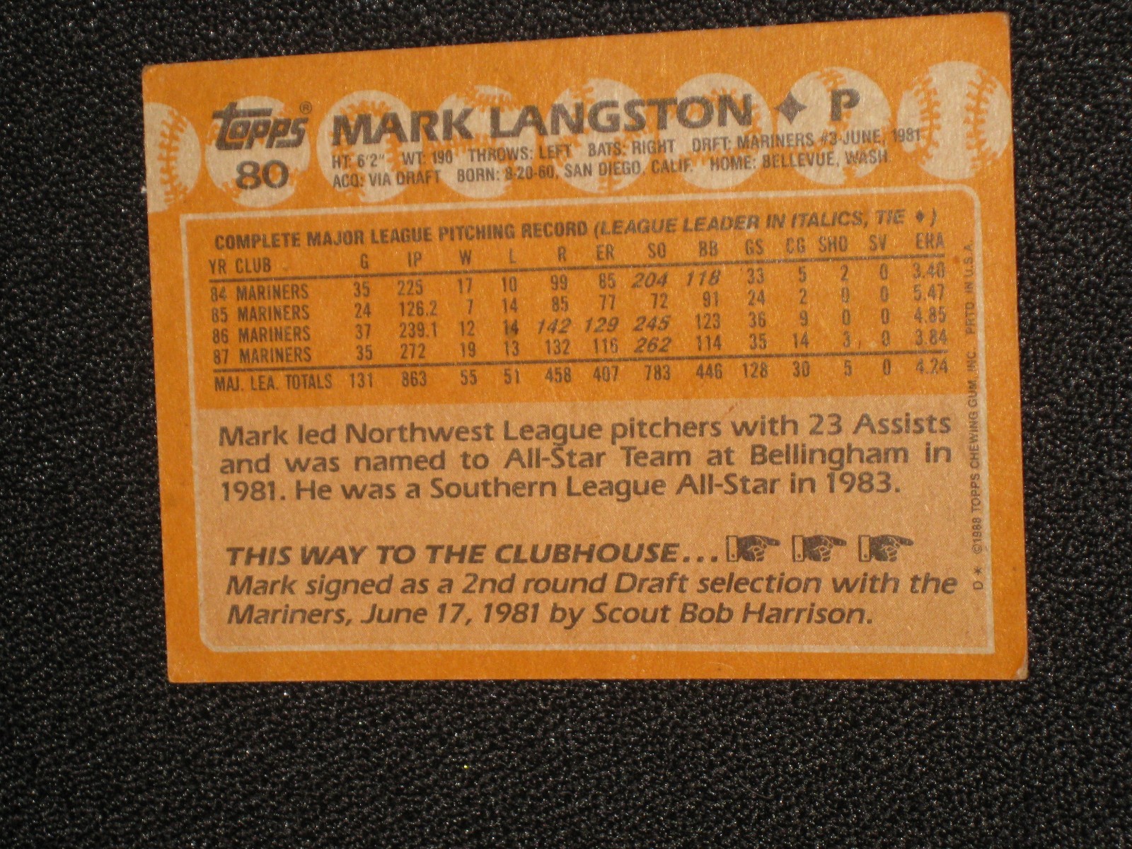 Mariners Mark Langston 1988 Topps Baseball Card #80 Modern (1981-Now) Original