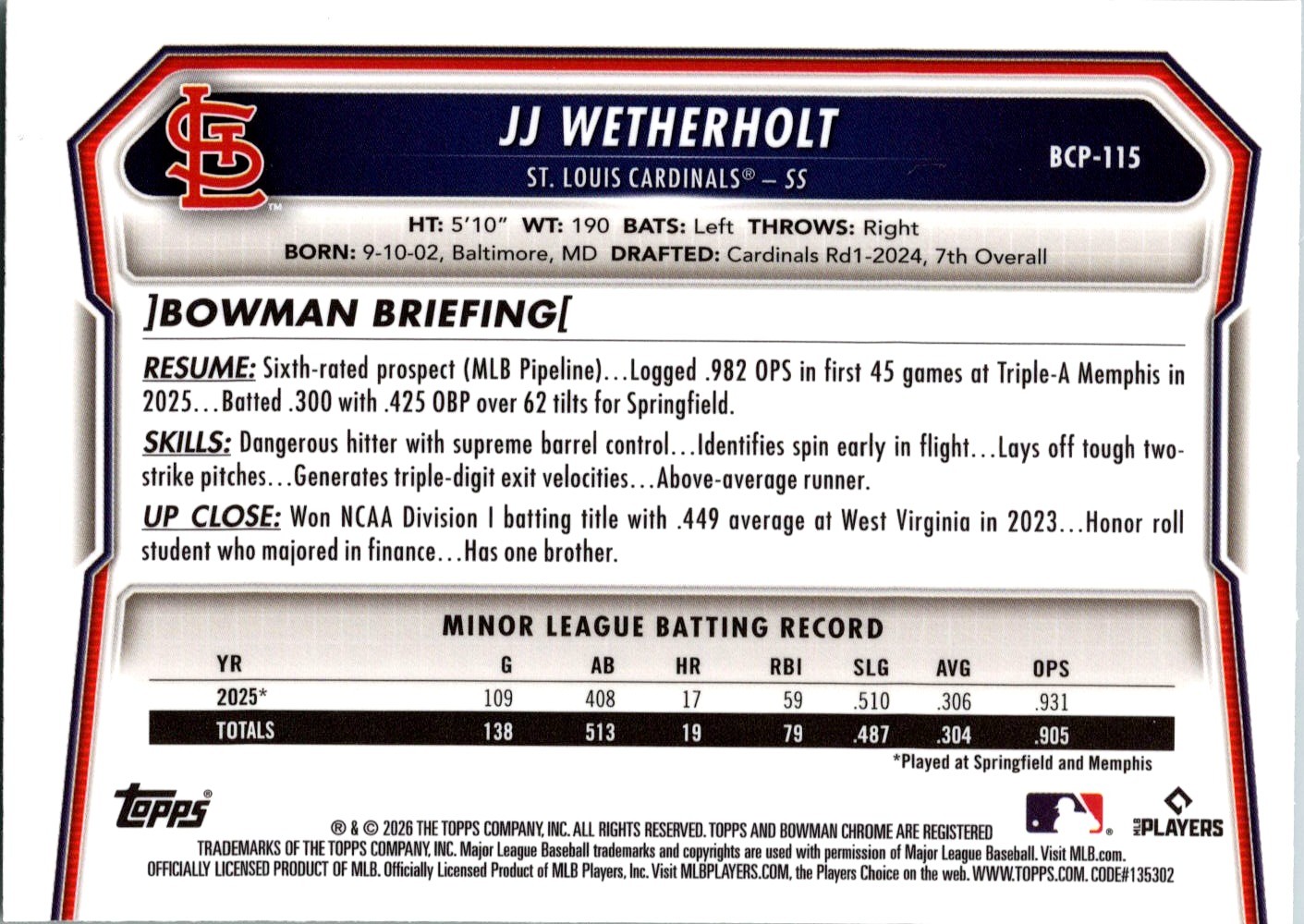 2026 Bowman #BCP-115 JJ Wetherholt Chrome Prospects Green Refractor #/99