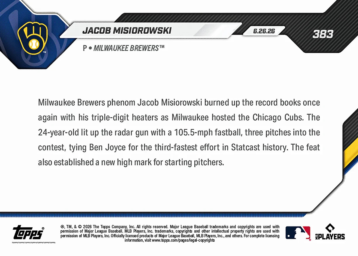 Jacob Misiorowski – 2026 MLB Topps NOW – Card 383 105.5-MPH RC – Presale