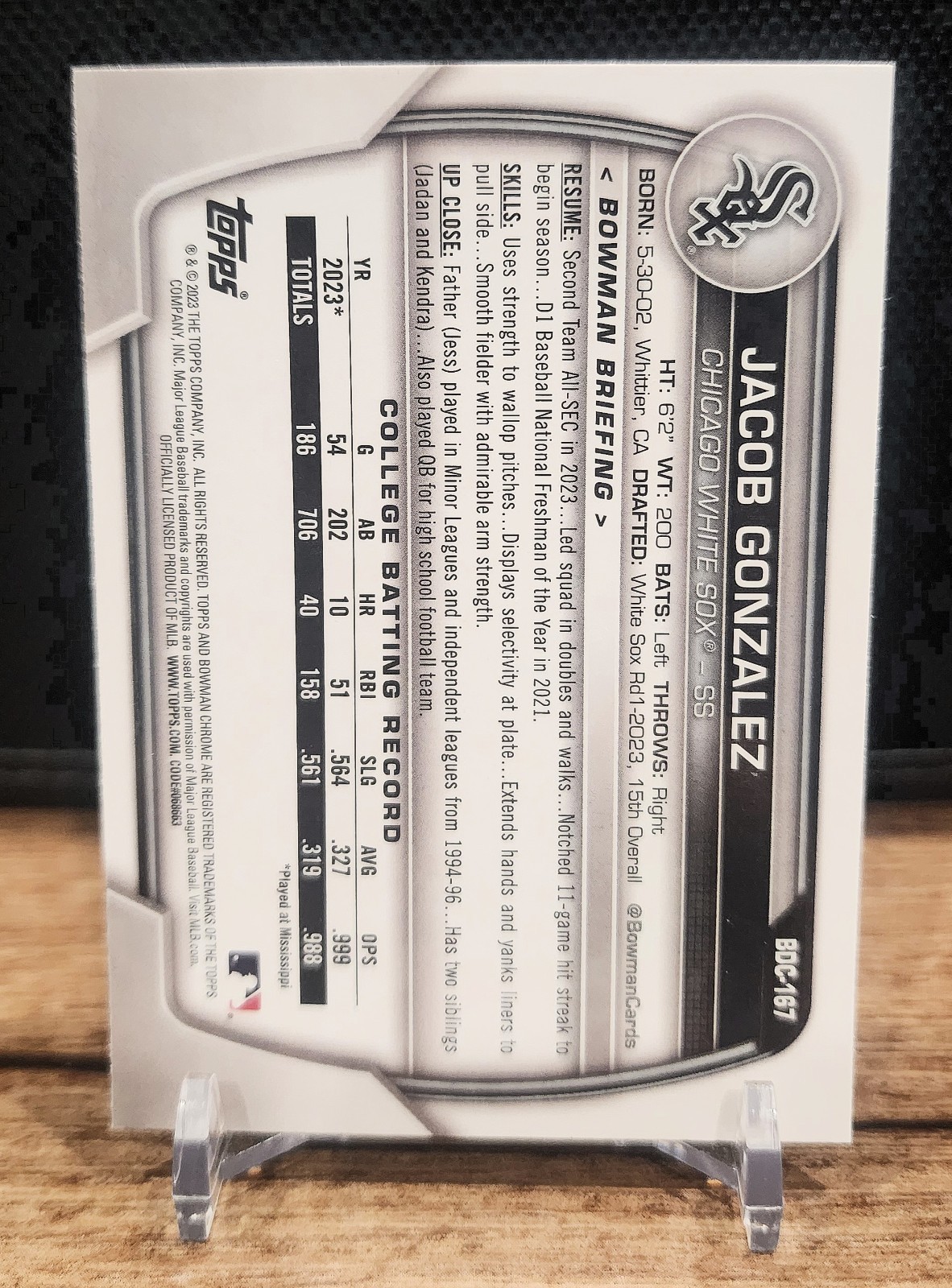 Jacob Gonzalez Bowman Draft Bowman 1st Rookie White Sox #BDC-166