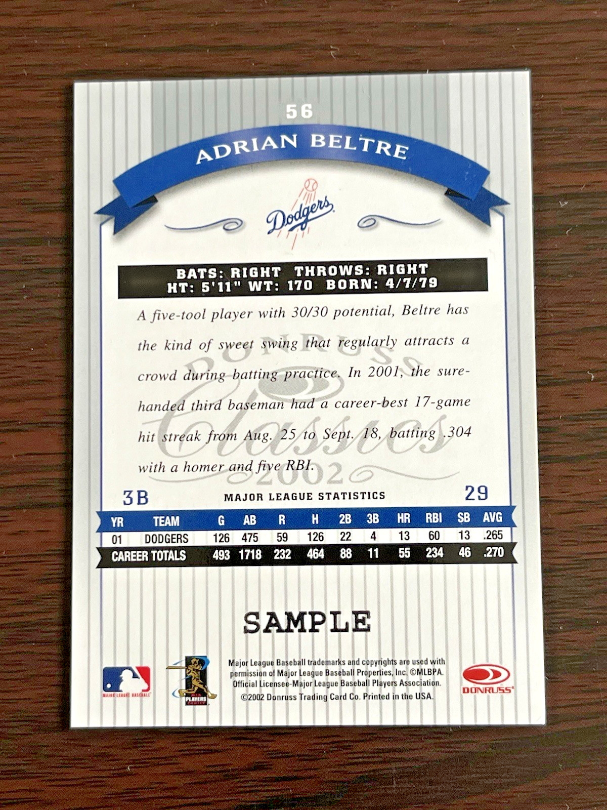 2002 Donruss Classics Silver Sample card Adrian Beltre #56 NM HOF