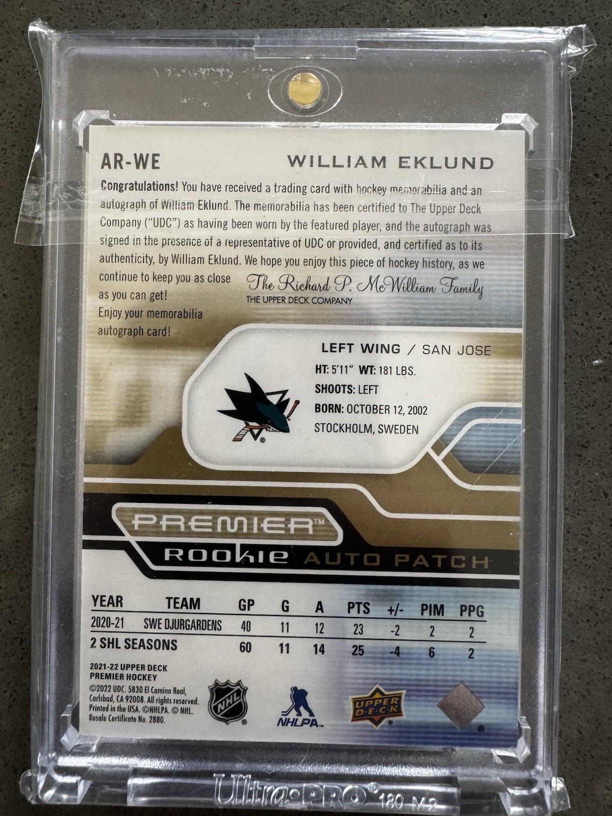 2021 UPPER DECK PREMIER WILLIAM EKLUND ACETATE ROOKIE AUTO PATCH GOLD RC /65