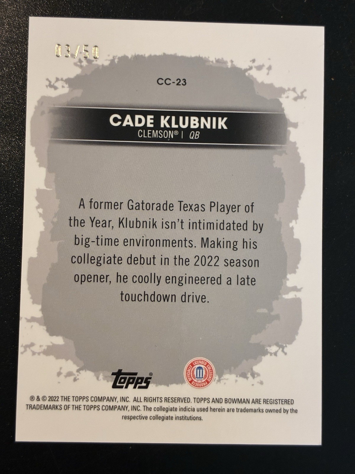 2022 Bowman Chrome University Campus Captains Cade Klubnik 03/50