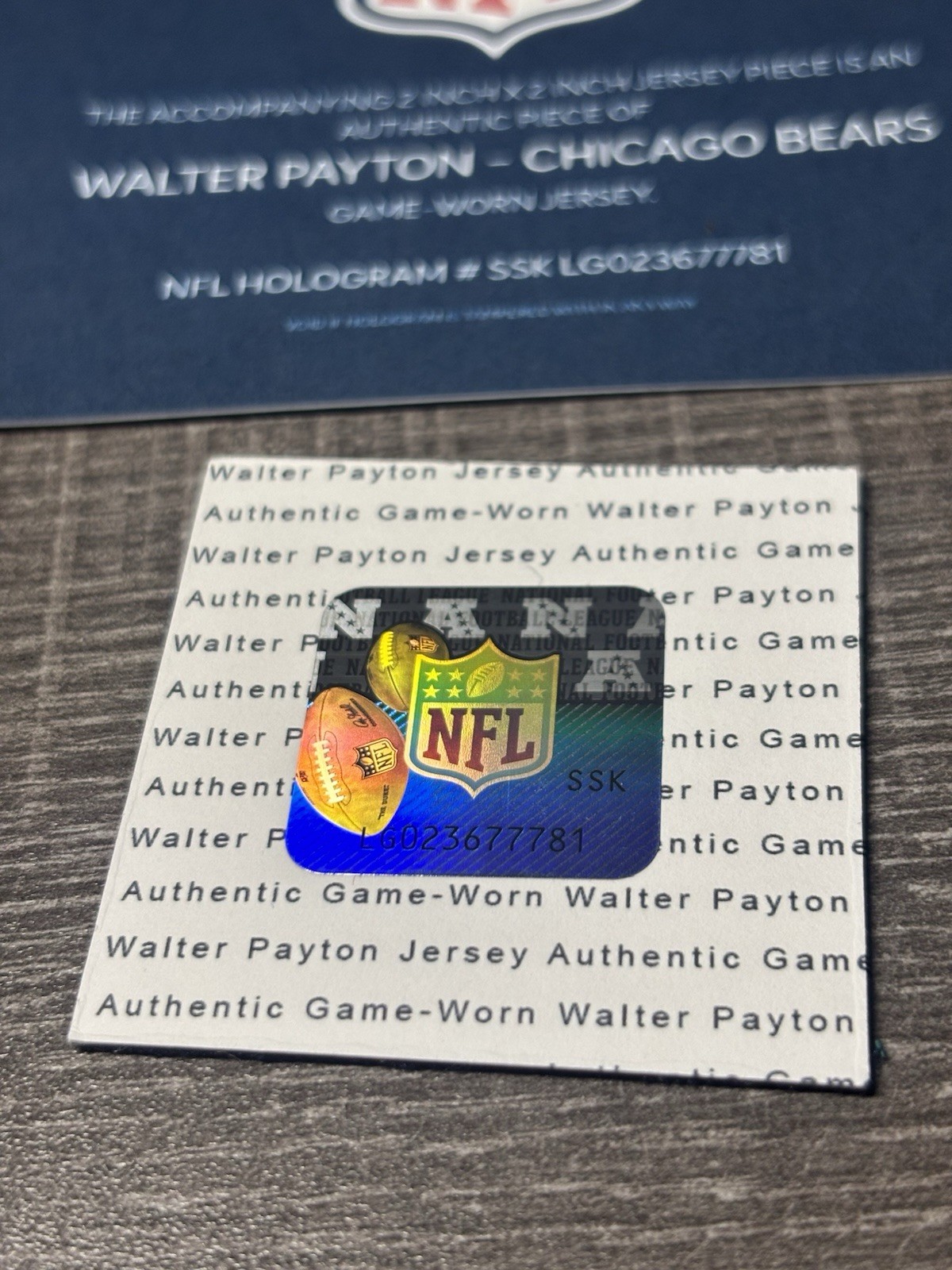 WALTER PAYTON GAME USED WORN PATCH NFL COA HOLOGRAM CHICAGO BEARS HOF FANATICS