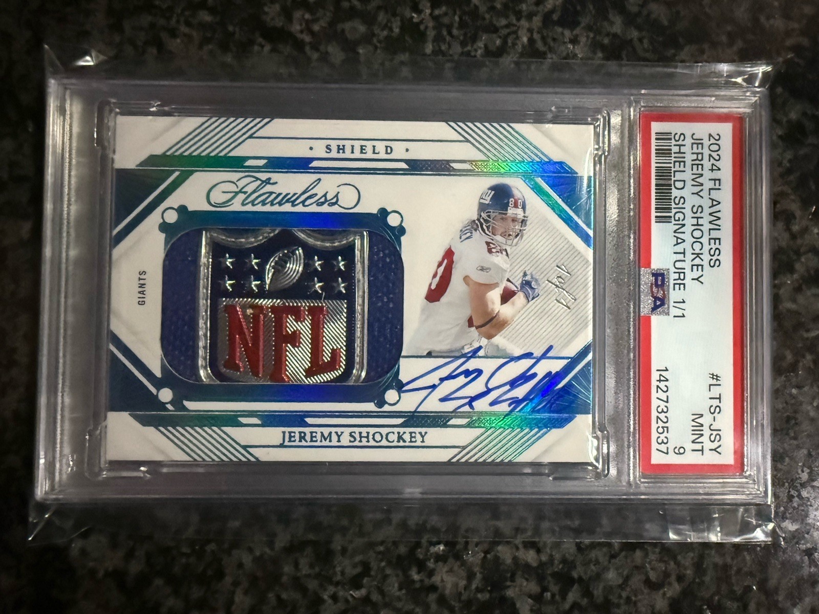 2024 Panini Flawless Jeremy Shockey NFL Shield Auto Patch #1/1 PSA 9 Giants