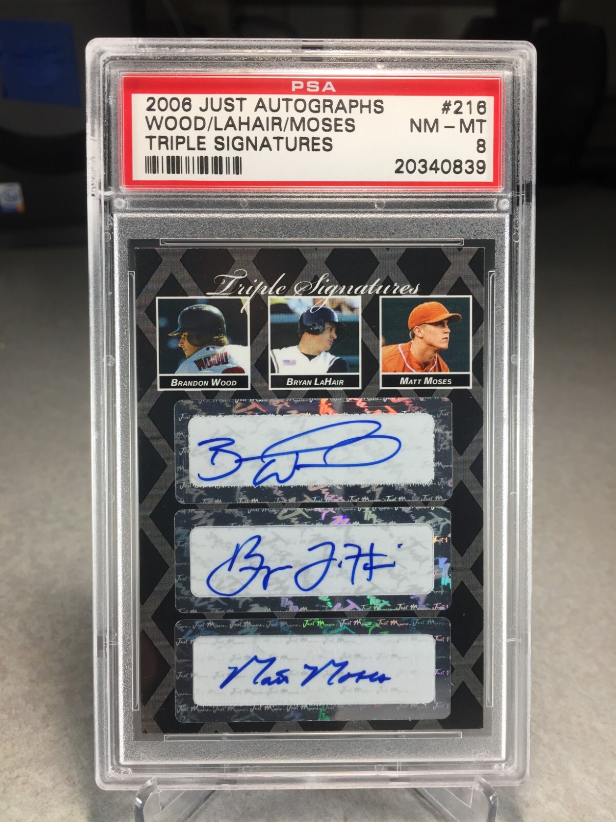 2006 Just Autographs Triple Signatures 1/3 #216 – PSA 8 – POP 2 (none higher)