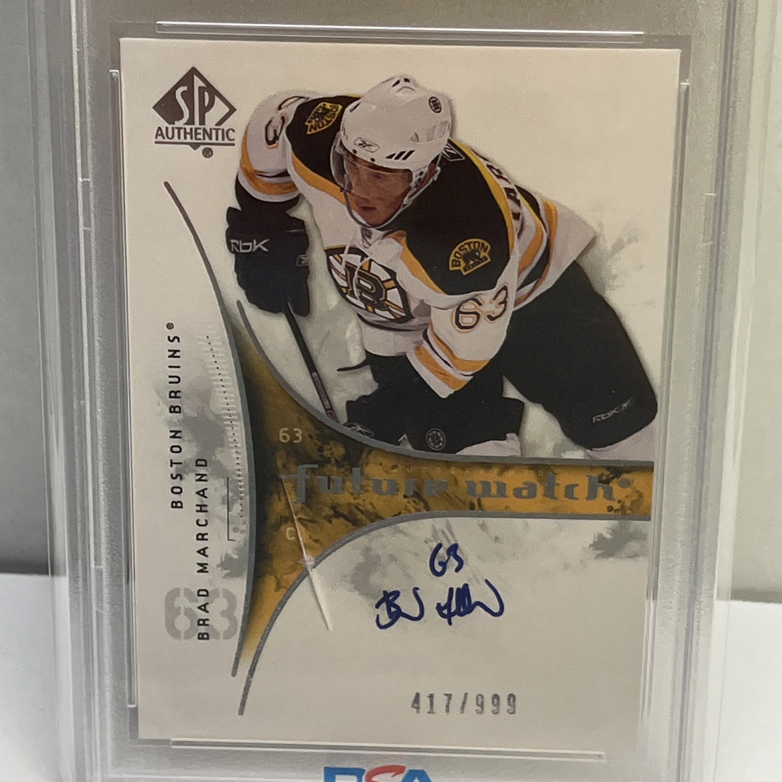 2009-10 SP Authentic Brad Marchand Auto RC Future Watch #/999 Bruins PSA 9