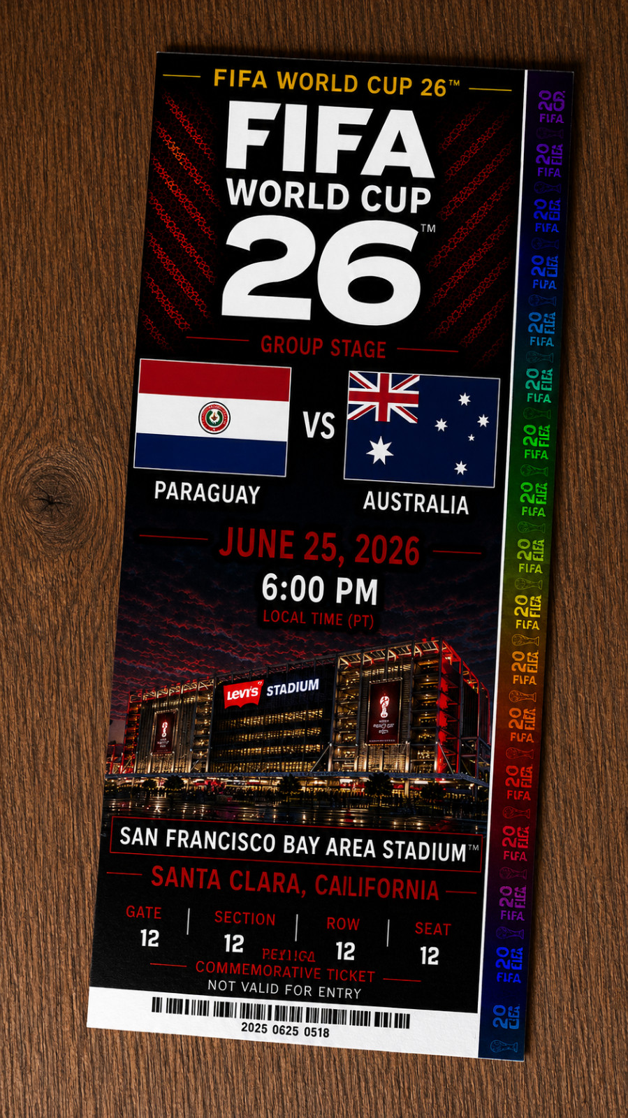 FIFA World Cup Australia vs Paraguay 2026 commemorative ticket customizable