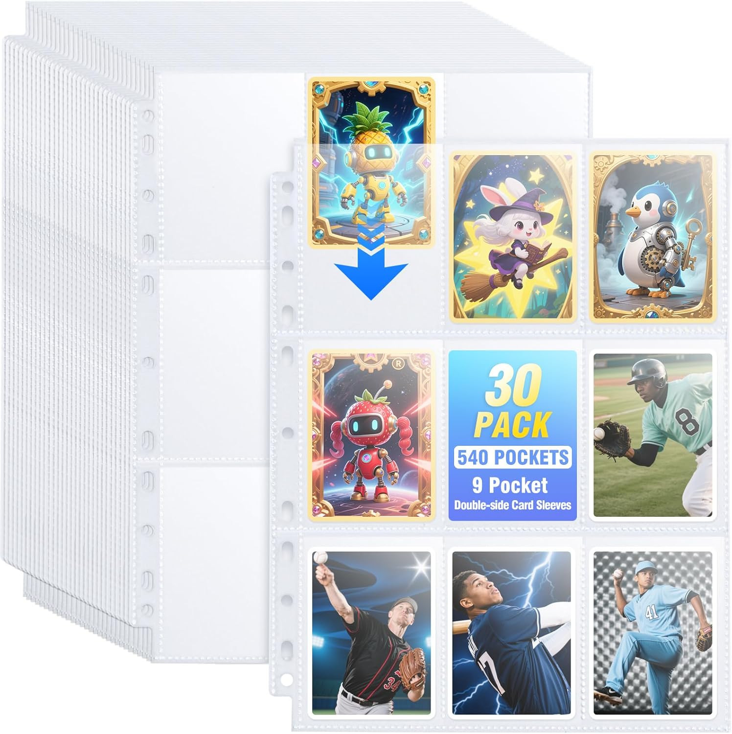 30 Pack 540 Pocket Binder Pages – Double-Sided 9 Pocket Trading Card Sleeves