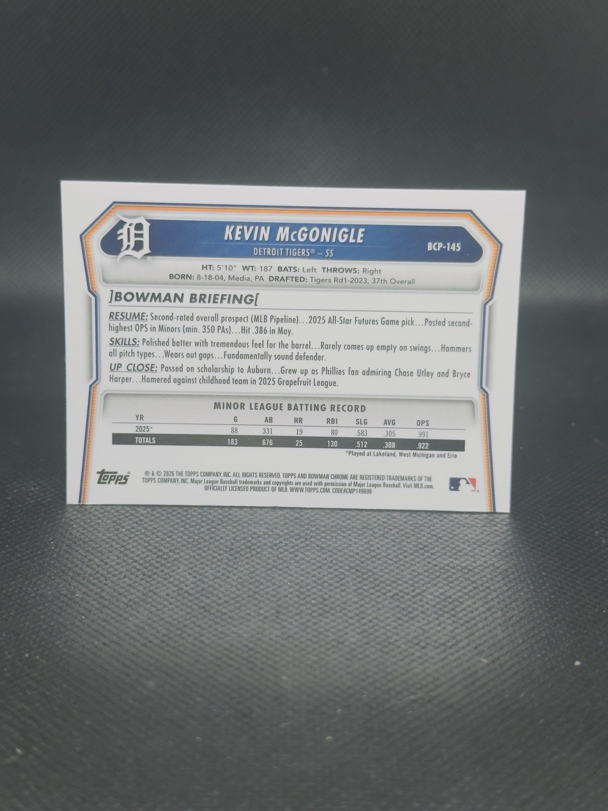 Kevin McGonigle – 2026 Bowman Chrome – Mojo Refractor – Detroit Tigers