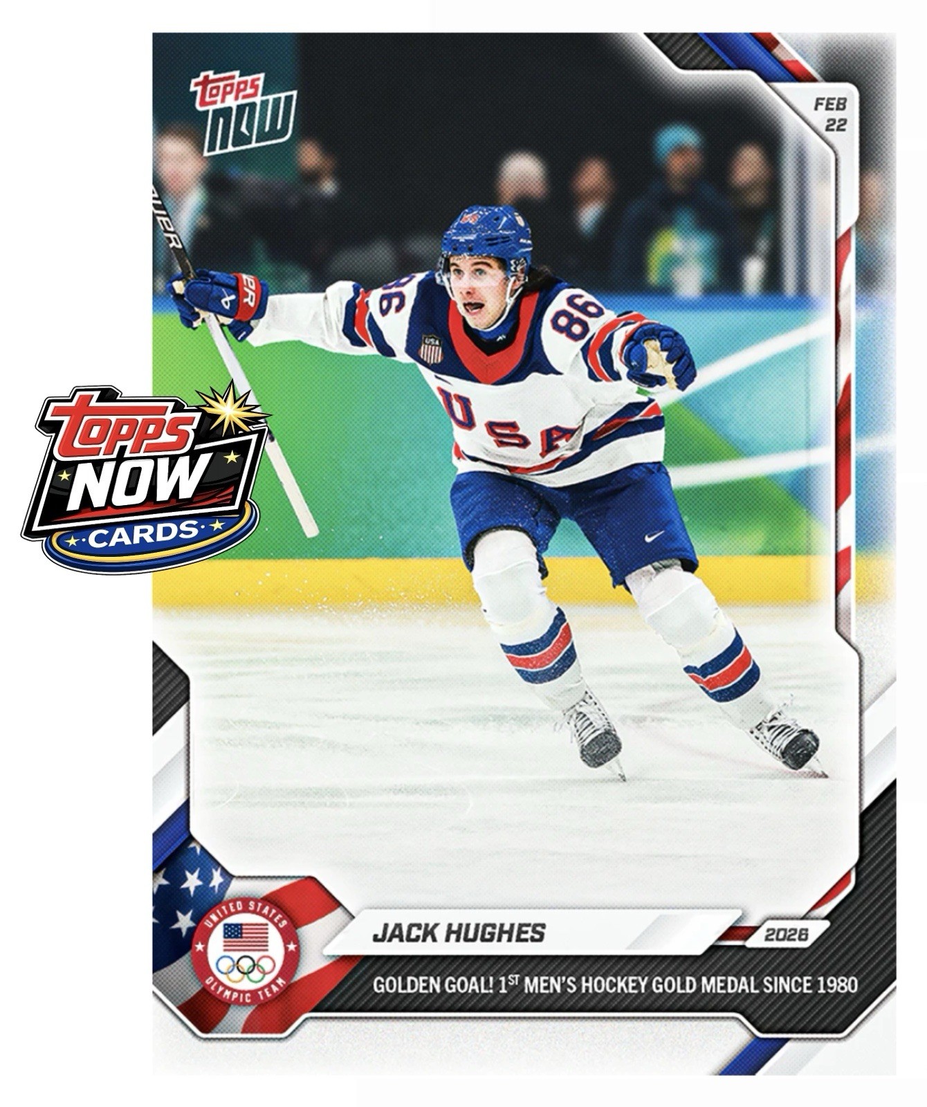 2026 Topps Now Olympics #18 Jack Hughes Golden Goal USA Men’s Hockey – PRESALE