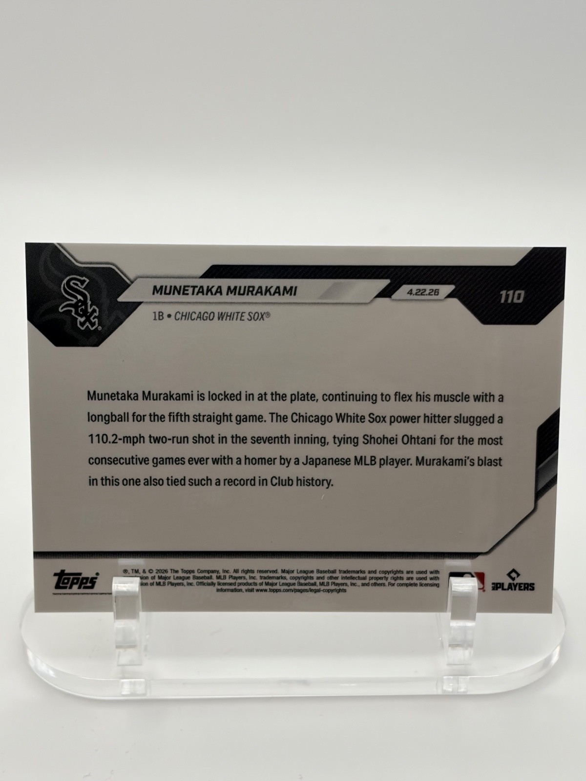 2026 Topps Now-Munetaka Murakami-#110_RC_5th Straight Game With HR White Sox