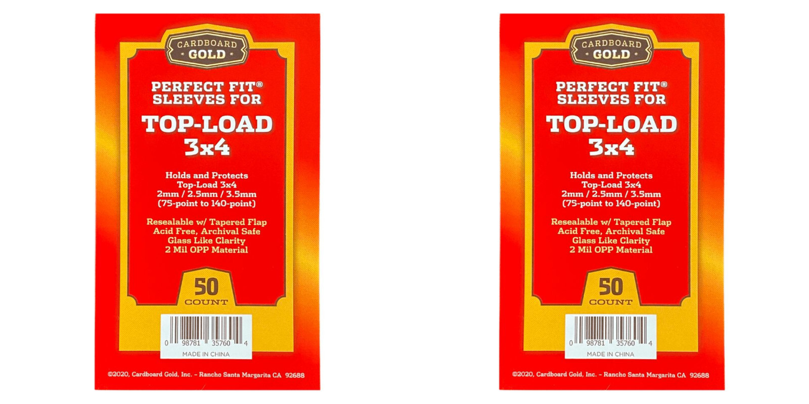 100 Cardboard Gold Perfect Fit Sleeves for Top-Load 3×4 from 75-140 Pt Bag