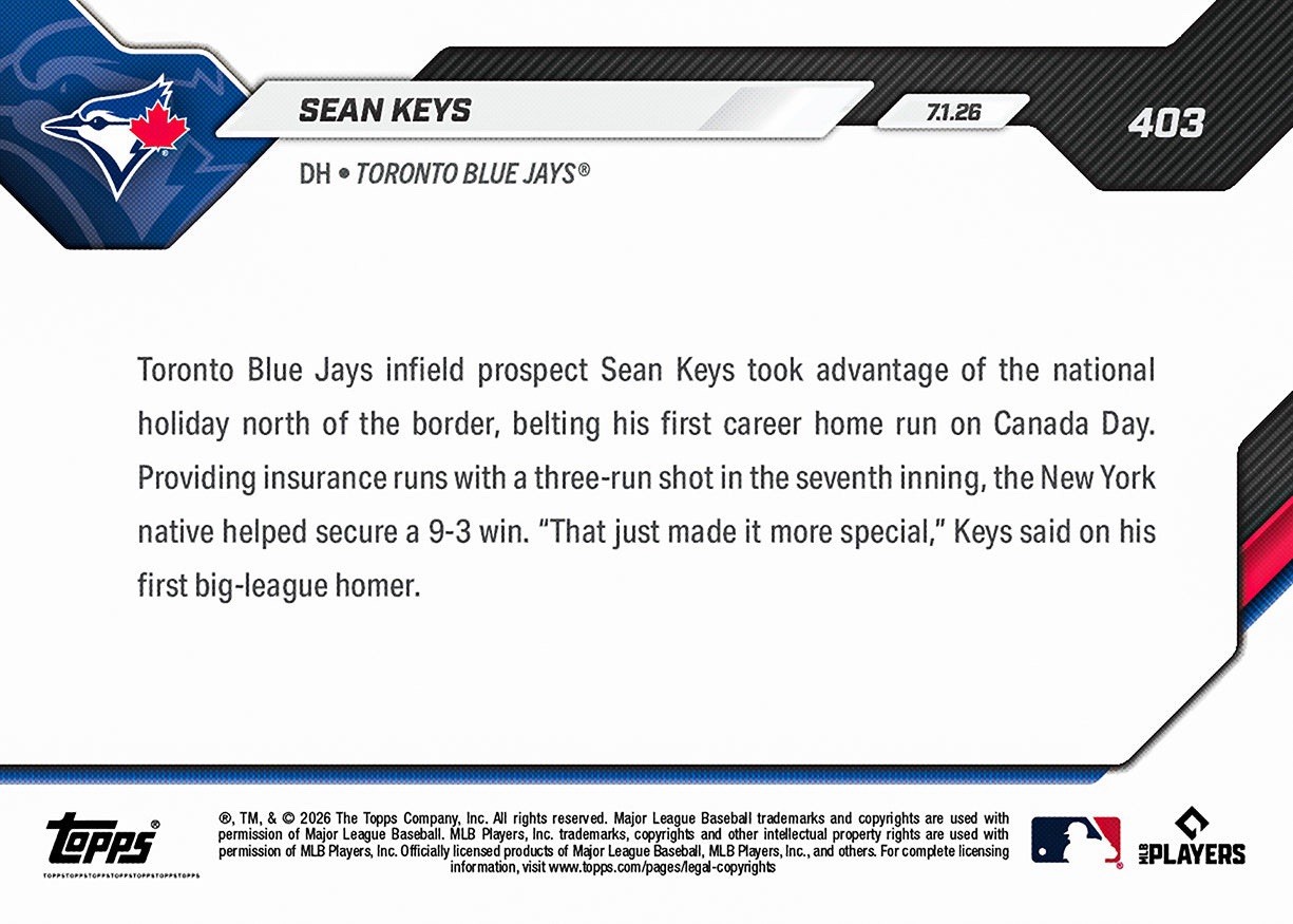 Sean Keys (CALL UP) 2026 MLB Topps Now #403 – 1ST MLB HR ON CANADA DAY! Presale