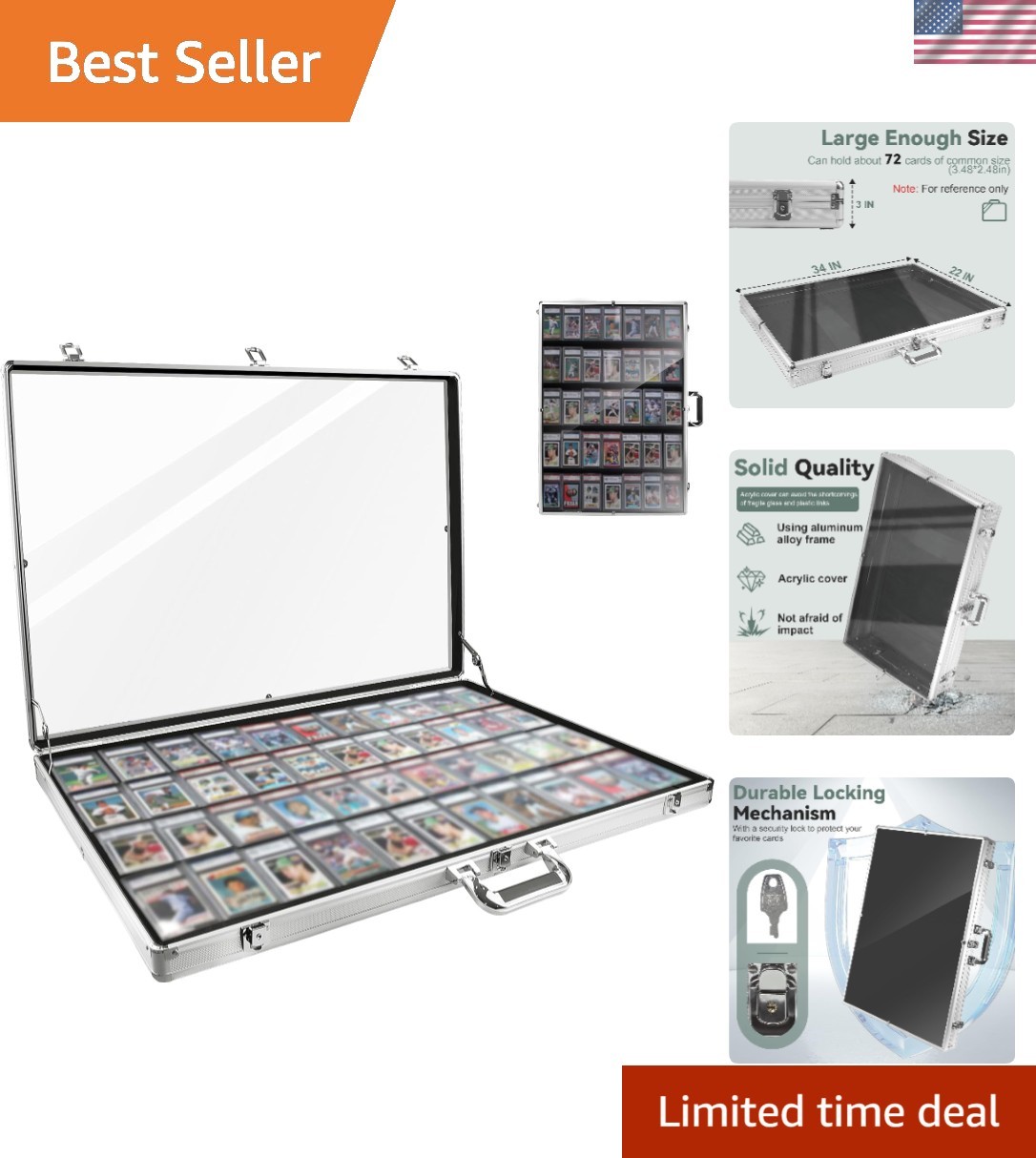 Large 34″x22″ Tabletop Aluminum Display Case with Locks – Secure Your Treasures