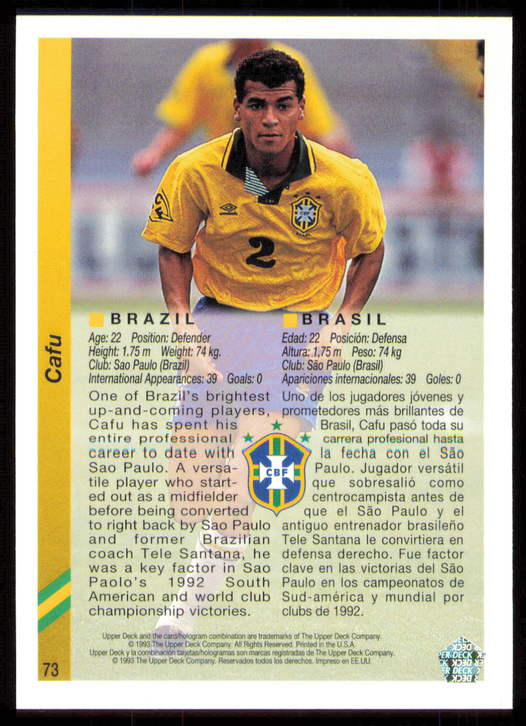 1993 Upper Deck World Cup 94 Preview English/Spanish #73 Cafu