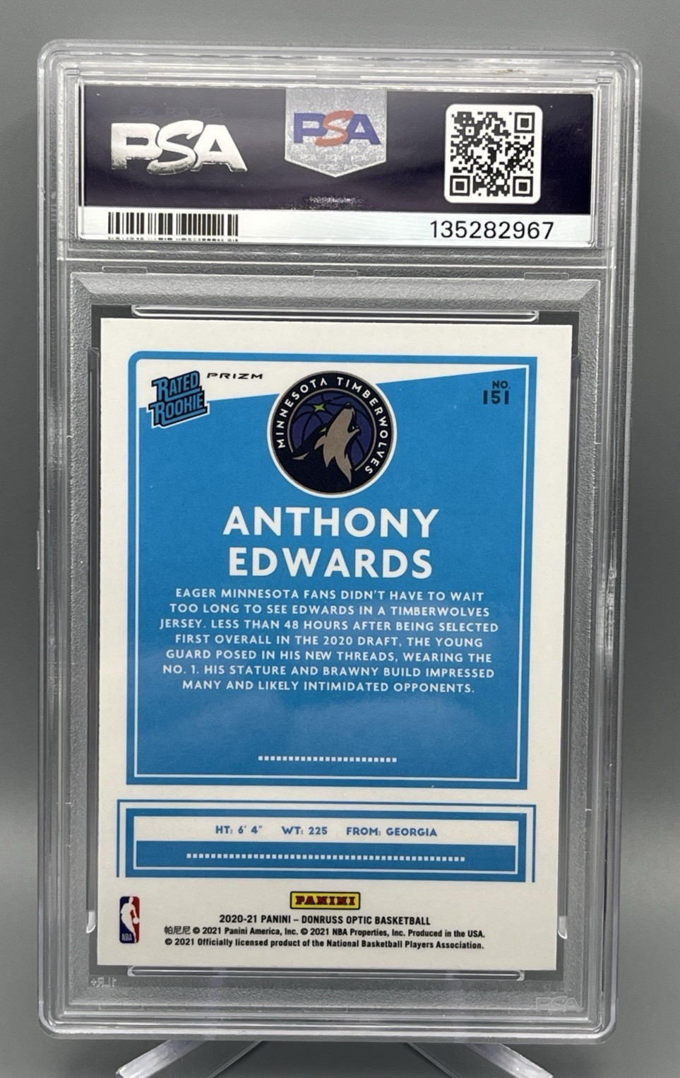 Anthony Edwards Timberwolves 2020-21 Optic #151 Blue Velocity Rated Rookie PSA 8